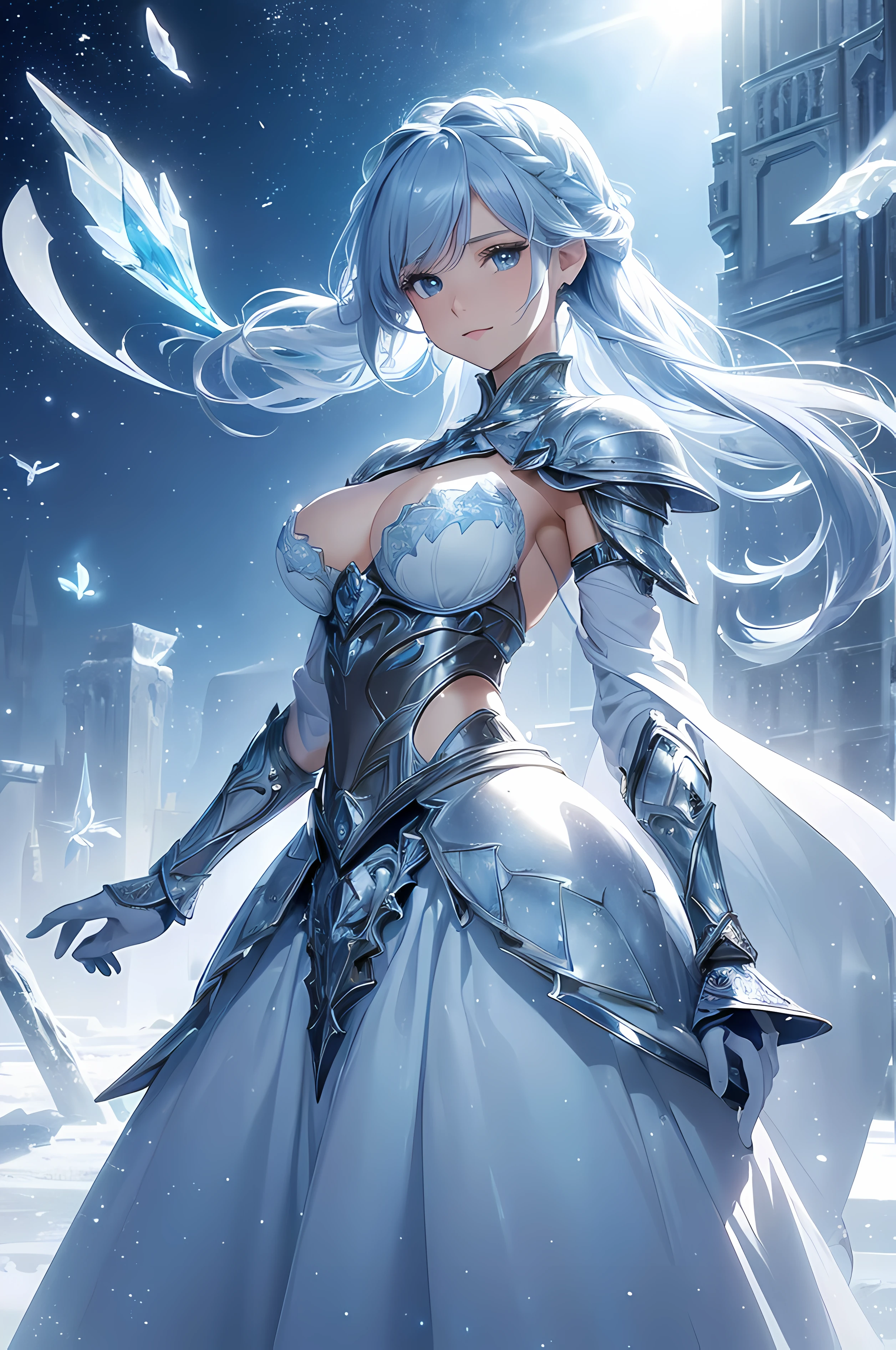 A beautiful woman, ((( ice knight, ice control, ice crystal, armor and clothes and mantle made using ice,  ice floatings around, elegance under the sun, movement motion, image look alive))), ((perfect body figure, beautiful face, beautiful face, milf, age 46, royal, soft blue color hair, braid hair style, beautiful skin, Extremely details hair, fine details)), (((cinematic lighting, beautiful lighting effect, creative design, full body frame, divine aura, hard harmony , shining light, perfect color transition, perfect balance of contrast, perfect color layer, perfectly smooth color blur, soft rendering, smooth color stroke, moon glare, optic lens, moonlight ray, soft colors, smooth colors blend, perfect color rendering, harmony, perfect color harmony, beautiful color, soft harmony, light particles, perfect details, intricate details, color prism, fine details, refine details, intricate armor details, fine armor))), Tachibana Omina art style, affectionate eyes, half a smile, slightly open mouth, a gentle expression on his face, serene scenery of beach with water magic performance under the sun, ice crystal, ice crystals floatings around, breeze and sunlight in the background, butterflies in the sky, realism, ((Best quality))),8k,((Masterpiece)),(Extremely refined and beautiful)