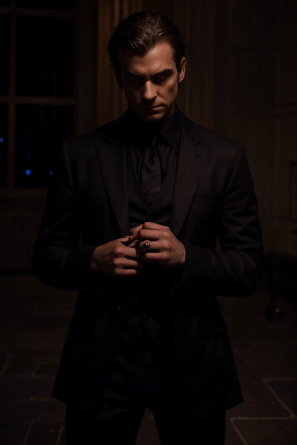 The man stood in the shadows, a symbol of the dark and twisted side of love. His mind a labyrinth of psychology, his actions a dance of manipulation. The deep red of his suit only adds to his enigmatic aura, as he stares at you with an intensity that is both alluring and unsettling.