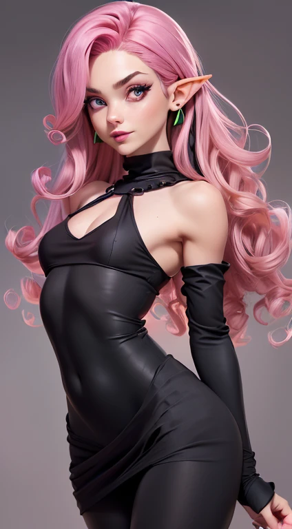 a woman in a black latex outfit with pink hair and green eyes, tatsumaki from one punch man, jojo style, in jojo\'s bizarre adventure, giorno giovanna, character; full body art, anya from spy x family, tatsumaki with green curly hair, style of madhouse , rogue girl, fine details. tentacles