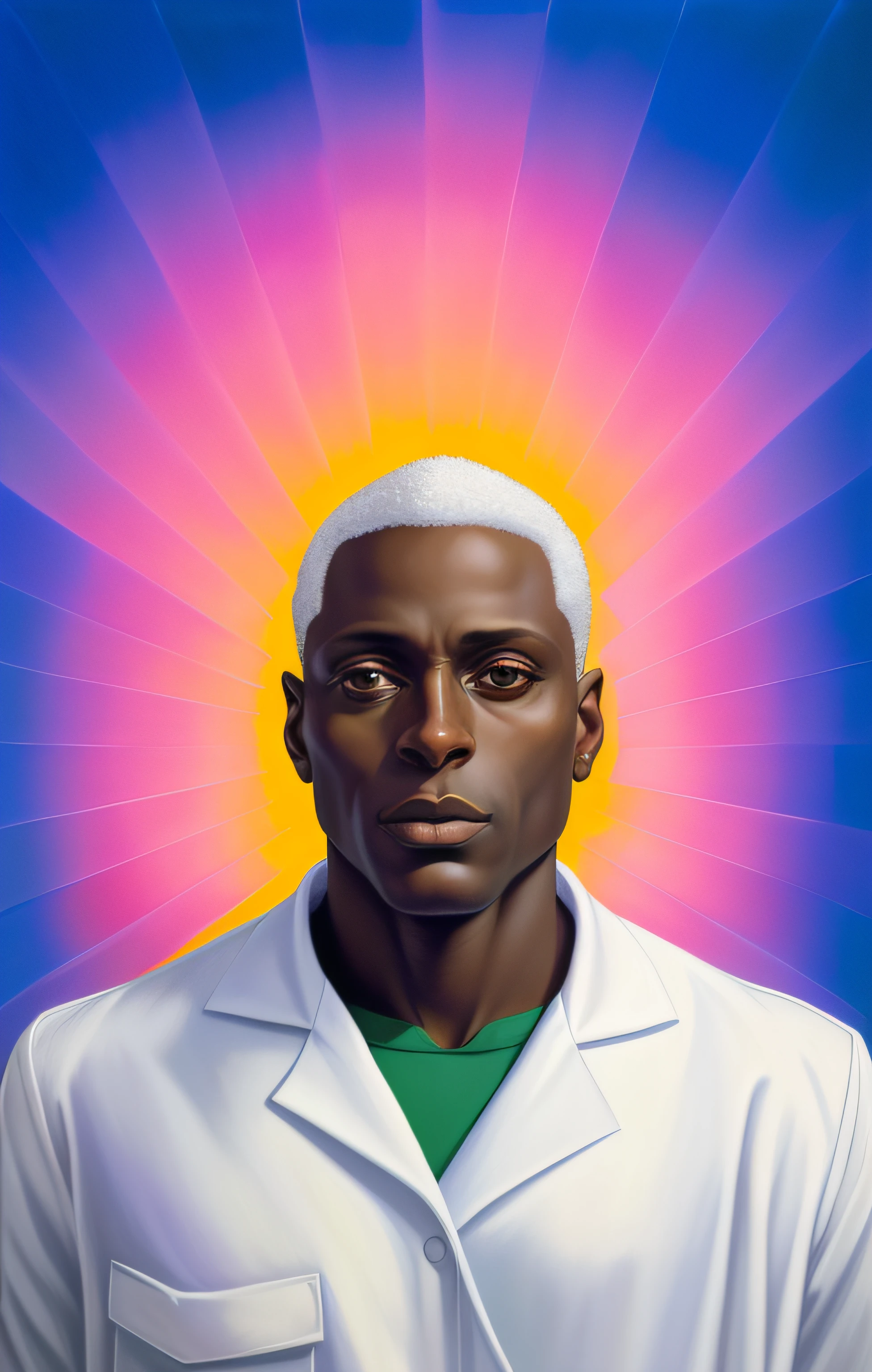 pintura de um homem negro com jaleco branco e camisa verde, Retrato de Ororo Munroe, inspirado em Barkley Hendricks, retrato africano Jesse Pinkman, Arte de Pedro Bell, Directed by: Barkley Hendricks, um retrato do personagem, padroeiro do 🛸🌈👩🏾, Epic portrait illustration, De Kehinde Wiley, Lance Reddick, portrait of pele