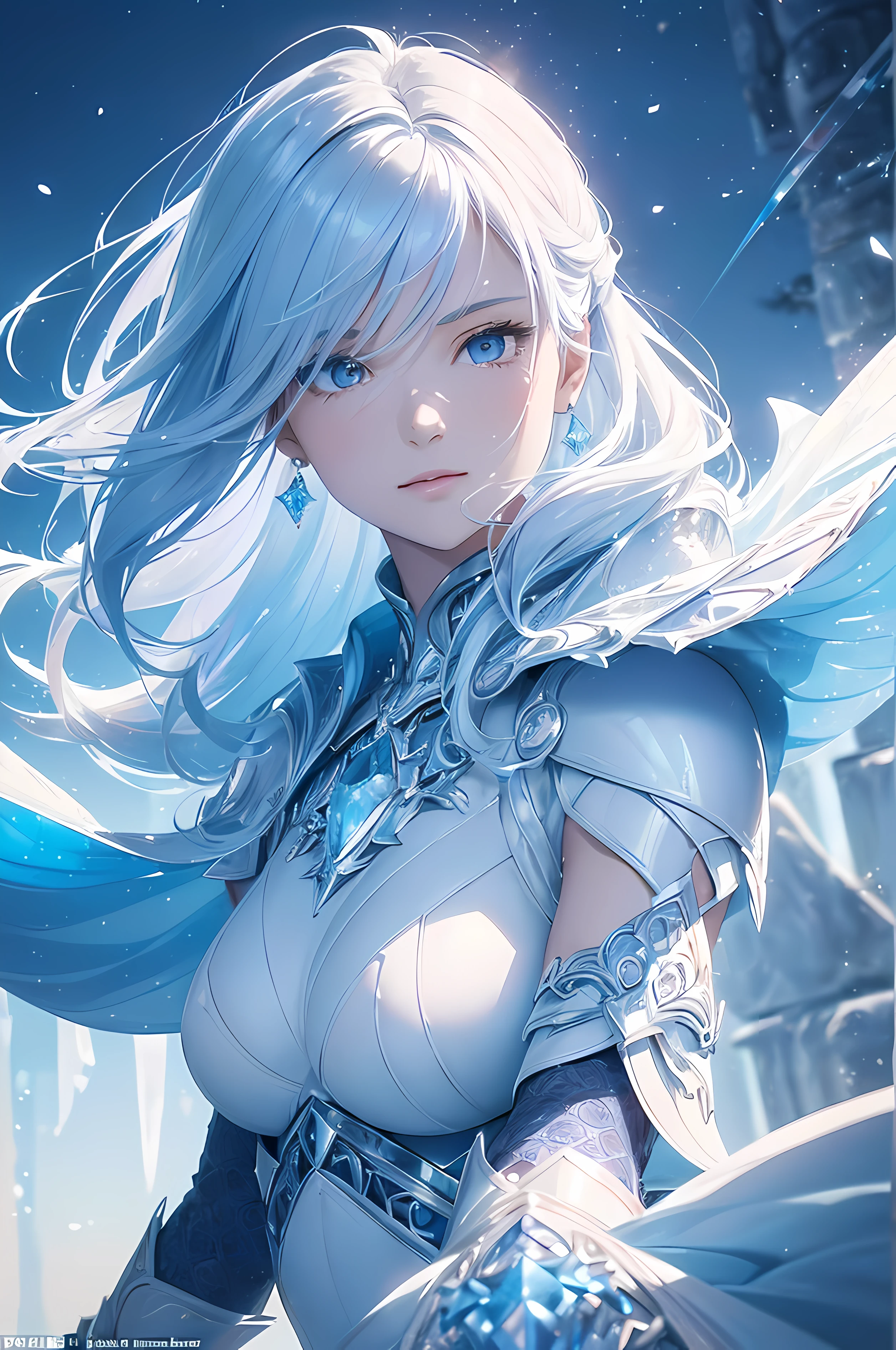 A beautiful woman, ((( ice knight, ice control, ice crystal, armor and clothes and mantle made using ice, ice floatings around, elegance under the sun, movement motion, image look alive))), ((perfect body figure, beautiful face, beautiful face, milf, age 46, royal, soft blue color hair, long hair style, beautiful skin, Extremely details hair, fine details)), (((cinematic lighting, beautiful lighting effect, creative design, full body frame, divine aura, hard harmony , shining light, perfect color transition, perfect balance of contrast, perfect color layer, perfectly smooth color blur, soft rendering, smooth color stroke, moon glare, optic lens, moonlight ray, soft colors, smooth colors blend, perfect color rendering, harmony, perfect color harmony, beautiful color, soft harmony, light particles, perfect details, intricate details, color prism, fine details, refine details, intricate armor details, fine armor))), Tachibana Omina art style, affectionate eyes, half a smile, slightly open mouth, a gentle expression on his face, serene scenery of beach with water magic performance under the sun, ice crystal, ice crystals floatings around, breeze and sunlight in the background, butterflies in the sky, realism, ((Best quality))),8k,((Masterpiece)),(Extremely refined and beautiful)