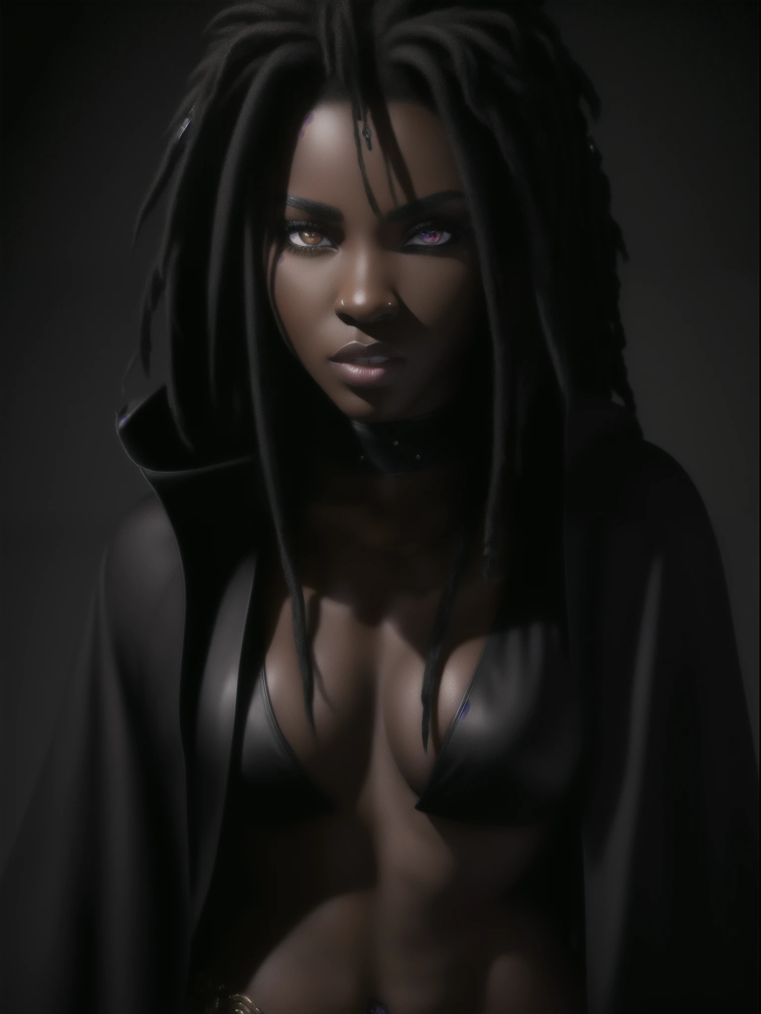 (Concept Art) of an (African-American) female, with dark (black dreadlocks), purple eyes, dark (brown skin), (pointed ears), (slutty assassin), sexy black robe, (lust) demon, (medium shot), perfect composition, hyper-detailed, 8K, high quality, (perfect eyes), trending art, sharp focus, studio photo, intricate details, (Pin-up) pose