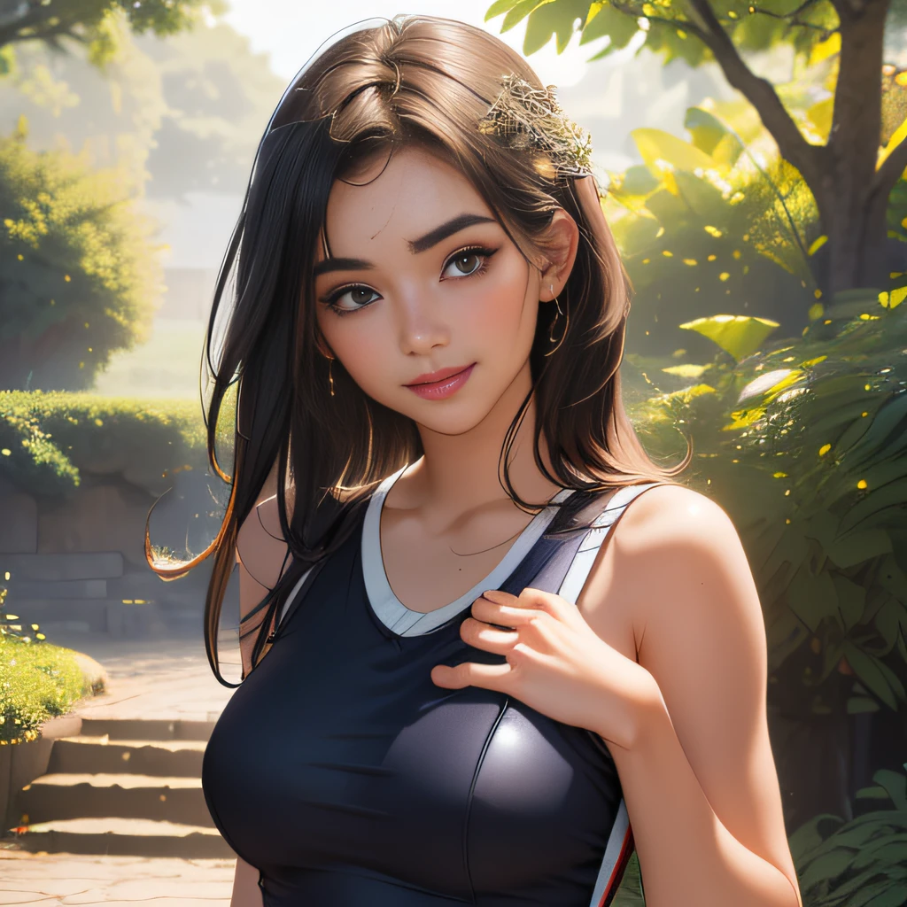 (Extremely detailed 8k wallpaper:2), (photo:2), (23 years old soigne Beautiful girl:2), (gives a lecture to friends:2), detailed (Face and eyes), (hyper realistic:1), (highly detailed:1), (epic realistic:1), rim light, (maximum details:1), cozy, (fullbody:1.3), (looking at viewer:2.0), (Woman's Attractive Qualities:2), (Attractive Woman:2), (Attractive:2), Smile, Intelligence, Empathy, Gracefulness, Sense of Style, Fitness, Grooming, Optimism, (Sensitivity:2), Sincerity, Romantic Gestures, Playfulness, Fashion Sense, (Sensuality:2), Charm, Modesty, Thoughtfulness, (Femininity:1), Flirtatiousness, Warmth, (Physical attractiveness:2), A beautiful smile, A love of life, strength and power, vulnerability, curiosity, wonder, love, (nature background:2), kawaii, waifu, Beautiful breasts, (attractive body:2), (Beautiful body:2), Beautiful pose, attractive pose, (Beautiful legs:1.0), (Beautiful clothes:1), (classic clothes:2), (elegant clothes:2), (European clothes:2), detailed clothes, (skirt:1), (blouse:1), (provocative pose)