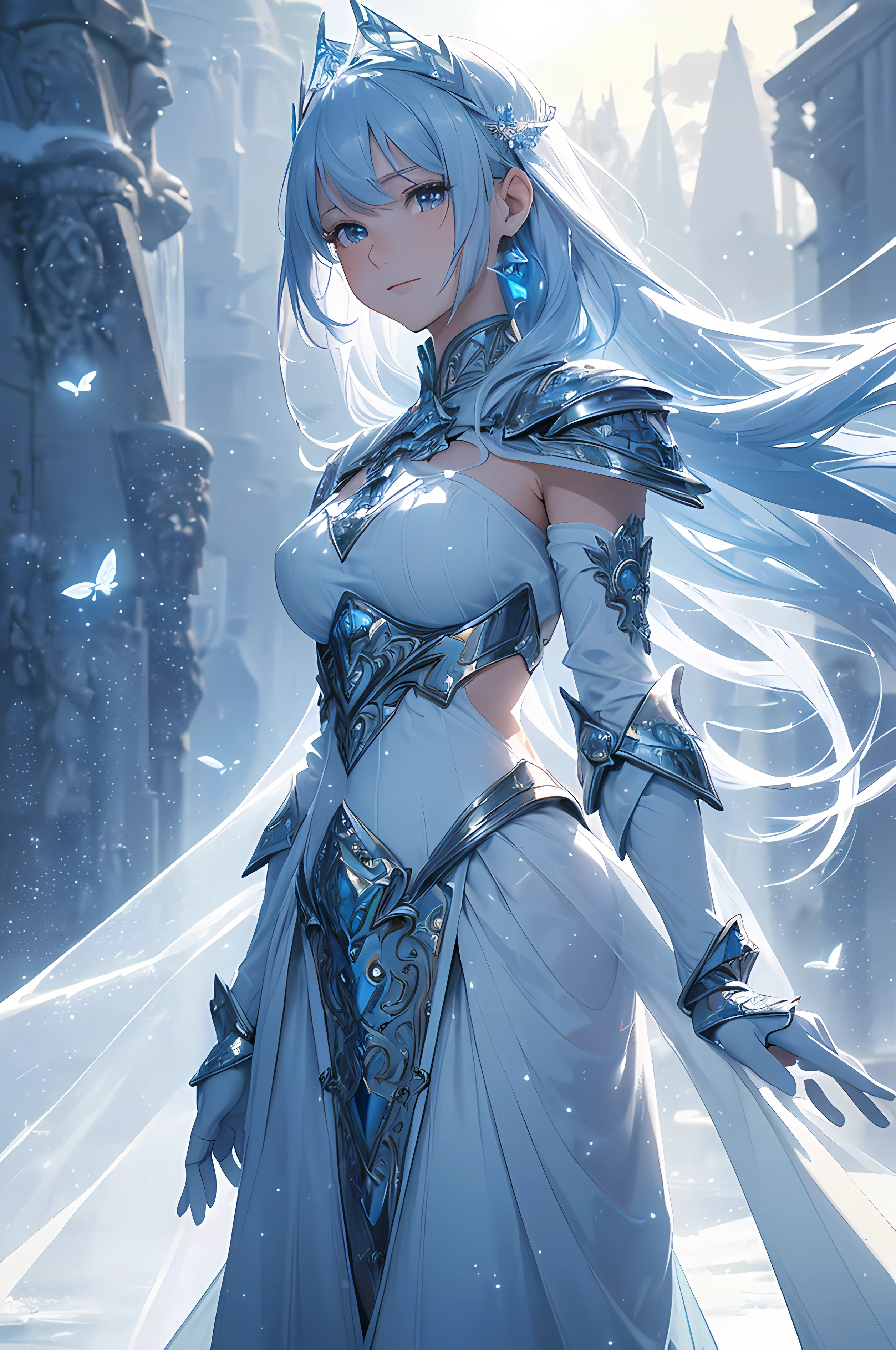 A beautiful woman, ((( ice knight, ice control, ice crystal, armor and clothes and mantle made using ice,  ice floatings around, elegance under the sun, movement motion, image look alive))), ((perfect body figure, beautiful face, beautiful face, milf, age 46, royal, soft blue color hair, braid hair style, beautiful skin, Extremely details hair, fine details)), (((cinematic lighting, beautiful lighting effect, creative design, full body frame, divine aura, hard harmony , shining light, perfect color transition, perfect balance of contrast, perfect color layer, perfectly smooth color blur, soft rendering, smooth color stroke, moon glare, optic lens, moonlight ray, soft colors, smooth colors blend, perfect color rendering, harmony, perfect color harmony, beautiful color, soft harmony, light particles, perfect details, intricate details, color prism, fine details, refine details, intricate armor details, fine armor))), Tachibana Omina art style, affectionate eyes, half a smile, slightly open mouth, a gentle expression on his face, serene scenery of beach with water magic performance under the sun, ice crystal, ice crystals floatings around, breeze and sunlight in the background, butterflies in the sky, realism, ((Best quality))),8k,((Masterpiece)),(Extremely refined and beautiful)