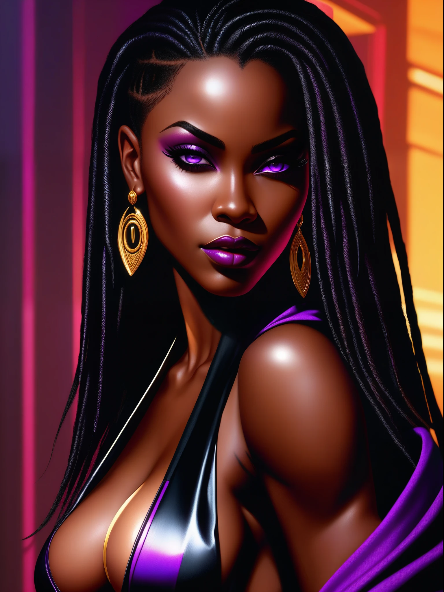 (Concept Art) of an (African-American) female, with dark (black dreadlocks), purple eyes, dark (brown skin), (pointed ears), (slutty assassin), sexy black robe, (lust) demon, (medium shot), perfect composition, hyper-detailed, 8K, high quality, (perfect eyes), trending art, sharp focus, studio photo, intricate details, (Pin-up) pose