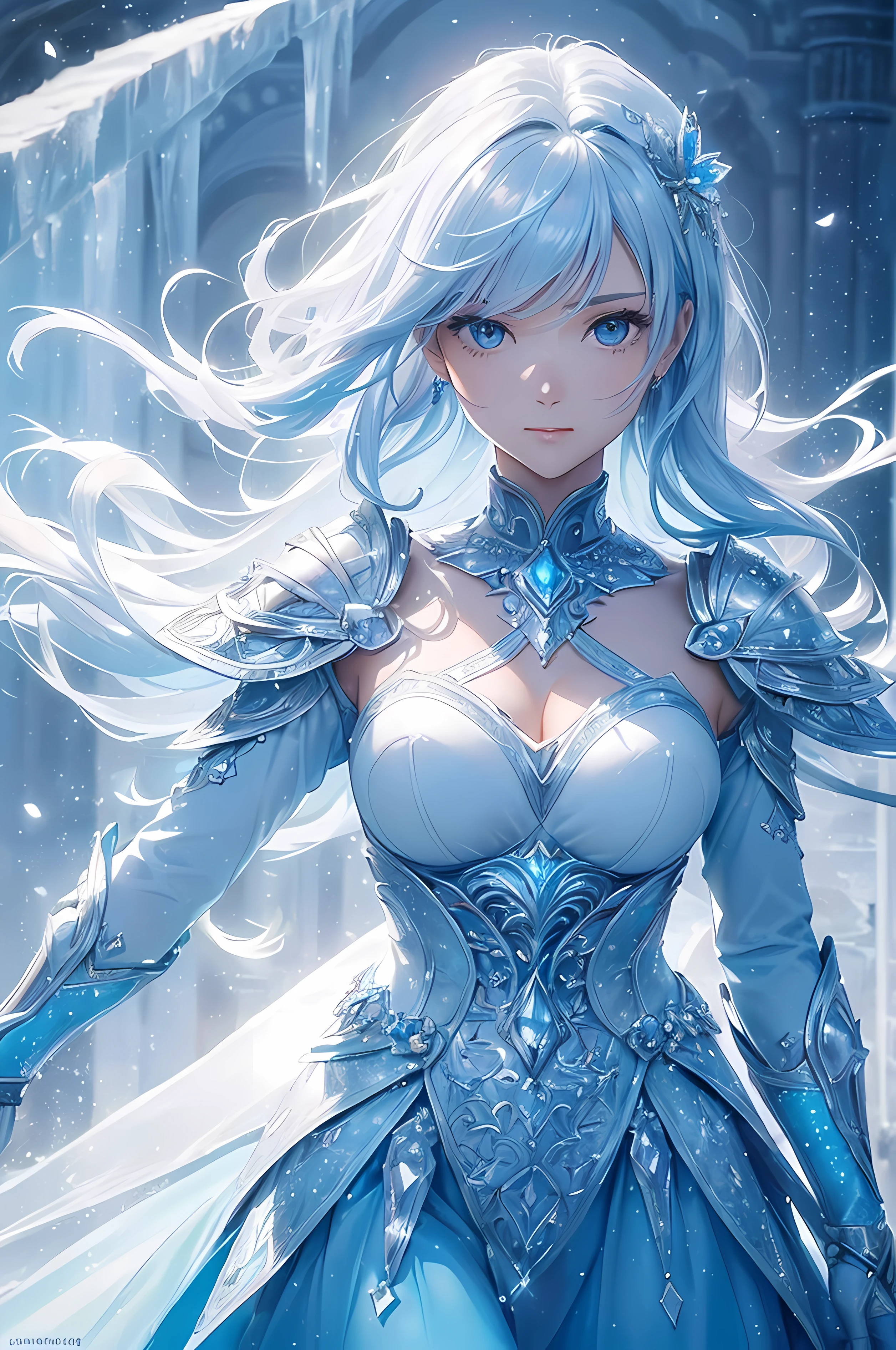 A beautiful woman, ((( ice knight, ice control, ice crystal, armor and clothes and mantle made using ice, ice floatings around, elegance under the sun, movement motion, image look alive))), ((perfect body figure, beautiful face, beautiful face, milf, age 46, royal, soft blue color hair, braid hair style, beautiful skin, Extremely details hair, fine details)), (((cinematic lighting, beautiful lighting effect, creative design, full body frame, divine aura, hard harmony , shining light, perfect color transition, perfect balance of contrast, perfect color layer, perfectly smooth color blur, soft rendering, smooth color stroke, moon glare, optic lens, moonlight ray, soft colors, smooth colors blend, perfect color rendering, harmony, perfect color harmony, beautiful color, soft harmony, light particles, perfect details, intricate details, color prism, fine details, refine details, intricate armor details, fine armor))), Tachibana Omina art style, affectionate eyes, half a smile, slightly open mouth, a gentle expression on his face, serene scenery of beach with water magic performance under the sun, ice crystal, ice crystals floatings around, breeze and sunlight in the background, butterflies in the sky, realism, ((Best quality))),8k,((Masterpiece)),(Extremely refined and beautiful)