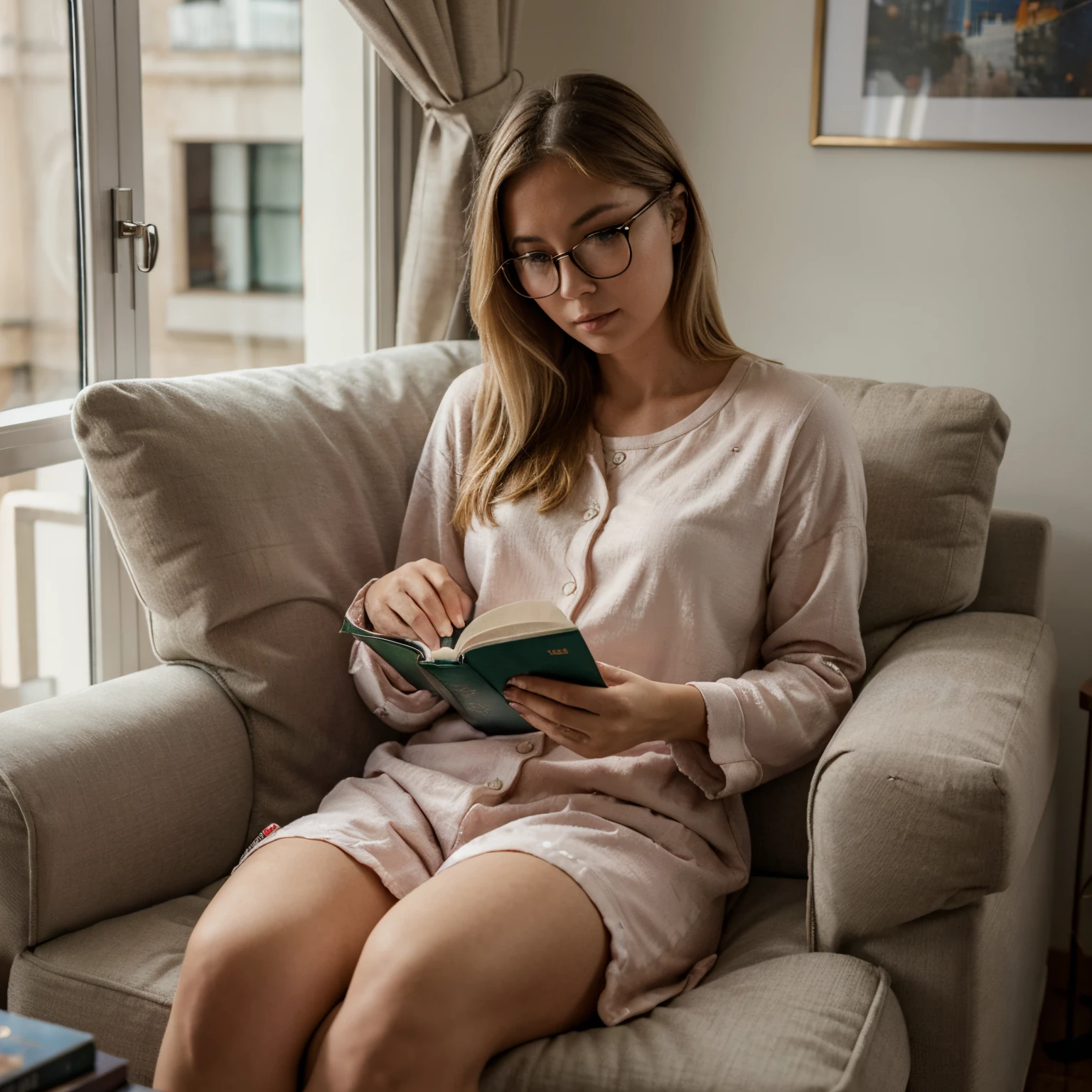 (best quality,realistic:1.2),blonde hair,green eyes,detailed room scene,Luna Rodriguez,teenager,alone in her room,cozy atmosphere,vibrant colors,soft natural lighting,soft cushions,bookshelf full of books,painting on the wall,open window with curtains swaying in the breeze,comfortable bed,creative workstation with art supplies,posters of her favorite bands,notebook filled with sketches,fairy lights illuminating the room,desk lamp casting a warm glow,plants adding freshness to the space,framed photographs of loved ones,personalized wall clock,plush rug on the floor,soft background music playing,a cup of hot chocolate on the bedside table,enchanting dreams reflected in the room,peaceful ambiance,every detail meticulously designed.