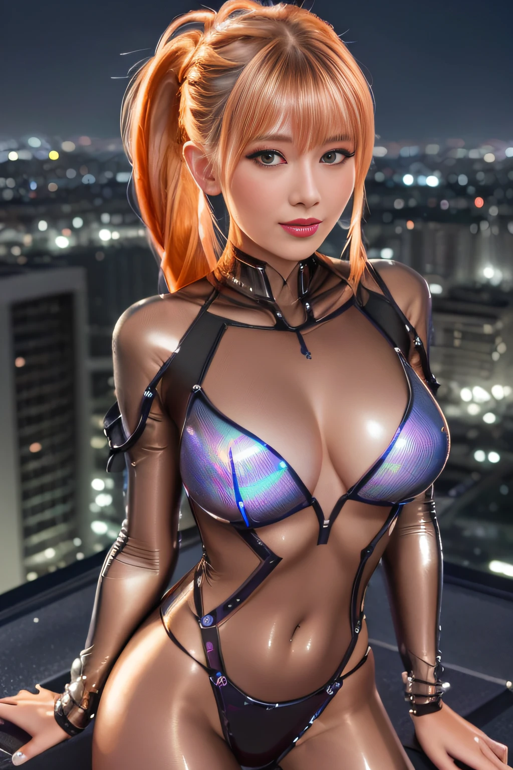 Cyber City at Night,(Gorgeous night view illumination:1.3),(Stand on the roof of a building:1.3)The actress is a very beautiful Western adult woman...(Sexy super shiny orange transparent holographic mechanical cyberpunk suit:1.3) ,Sexy face, a necklace,piercings, Happy smile.Sexy Pose, (Silver hair、Ponytail twisted buns adorned with elaborate braids and beads,Braided Setup Fishbone Hair,),(Bangs are see-through bangs),(hair pin、poneyTail、Floating hair、),breast slip,(Emphasis on large breasts:1.3),profetional lighting,Cinematic Light,(masutepiece,top-quality,Ultra-high resolution output image,) ,(The 8k quality,),(Sea Art 2 Mode:1.3),,(Image Mode Ultra HD,)