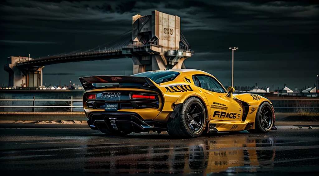 ((Dodge Viper GTS-R)), solo, ((JonSibal design works Body Kit)), ((rear wing spoiler)), blacked out, front bumper splitters, side skirts, flared wheel arches, ((ominous looking)), (yellow racing alloy rims), ((lowered racing suspension)), high performance racing tyres, outdoors((gloomy sunset)) Wide angle lens, cgsociety, artstation, cgi, photorealistic, cinematic lighting, offset noise, ground shadows and reflections, 4k, inspired by dystopian cyberpunk, HDR studio light, {{supreme aerodynamics for maximum downforce}}, 3ds max, corona renderer, perfectly coloured, jaw dropping, sensational, menacing look, headlights on, ((parked on a bridge)), 4k wallpaper, ((dusk scene)), sunset, high spec automotive concept art, reflective ground shadows, symmetrical design, CGI, moody and atmospheric, trending on artstation, behance contest winner, cgsociety, imaginative design and craftmanship, urban light night LUT, subsurface scattering, ray tracing, dramatic atmosphere