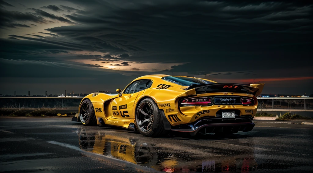 ((Dodge Viper GTS-R)), solo, ((JonSibal design works Body Kit)), ((rear wing spoiler)), blacked out, front bumper splitters, side skirts, flared wheel arches, ((ominous looking)), (yellow racing alloy rims), ((lowered racing suspension)), high performance racing tyres, outdoors((gloomy sunset)) Wide angle lens, cgsociety, artstation, cgi, photorealistic, cinematic lighting, offset noise, ground shadows and reflections, 4k, inspired by dystopian cyberpunk, HDR studio light, {{supreme aerodynamics for maximum downforce}}, 3ds max, corona renderer, perfectly coloured, jaw dropping, sensational, menacing look, headlights on, ((parked on a bridge)), 4k wallpaper, ((dusk scene)), sunset, high spec automotive concept art, reflective ground shadows, symmetrical design, CGI, moody and atmospheric, trending on artstation, behance contest winner, cgsociety, imaginative design and craftmanship, urban light night LUT, subsurface scattering, ray tracing, dramatic atmosphere