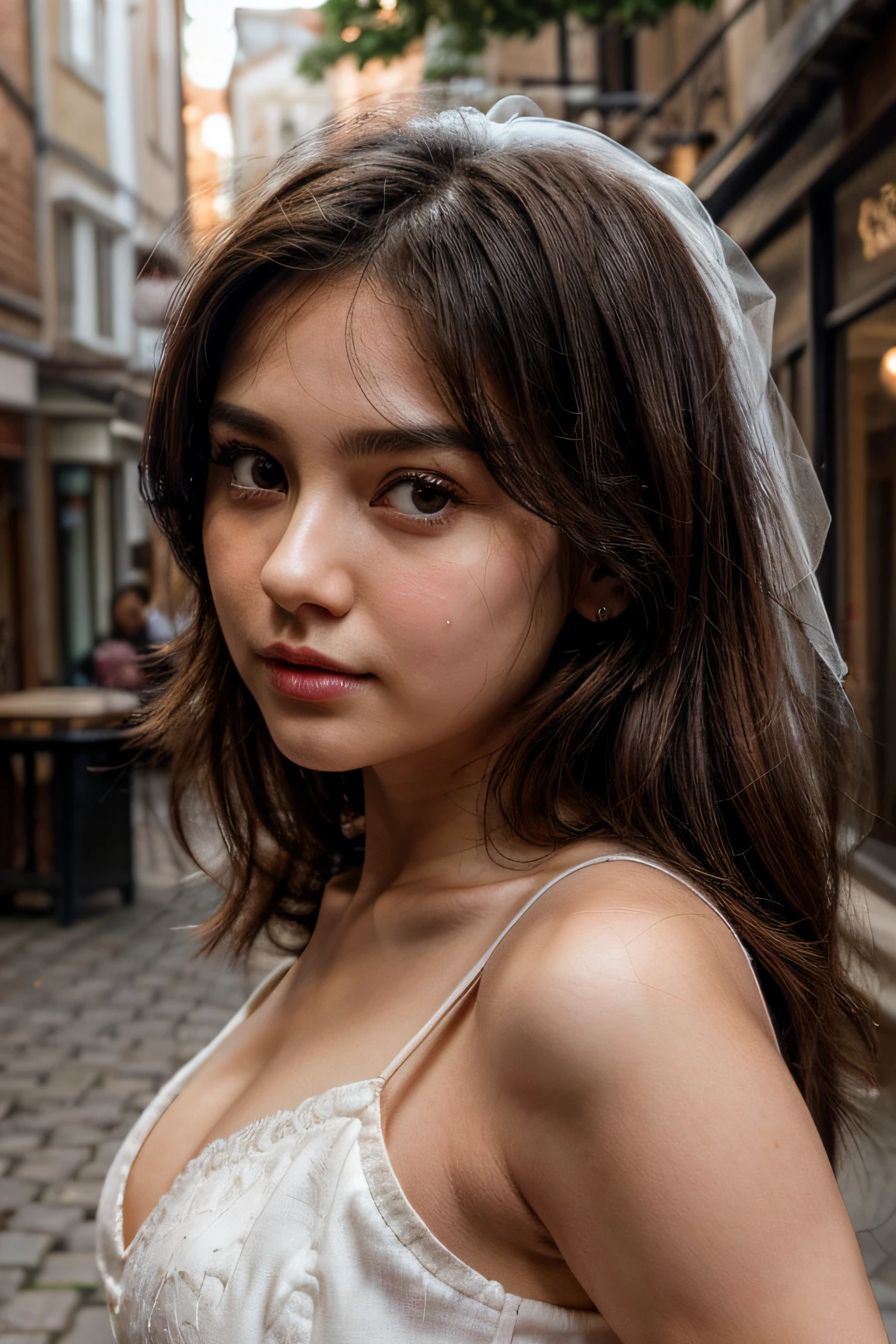 (masterpiece, top quality) One girl standing, slightly round face, Almond-shaped eyes with a soft curve at the outer corners, rich brown eyes, slightly upturned nose with a subtle bride, soft moderately full lips with a natural pinkish hue, gentle and slightly rounded cheeks, delicate slightly rounded chin, glossy straight black hair, smooth skin complexion with a warm undertone, realistic, hyper realistic, detailed, short dress, outside, in town