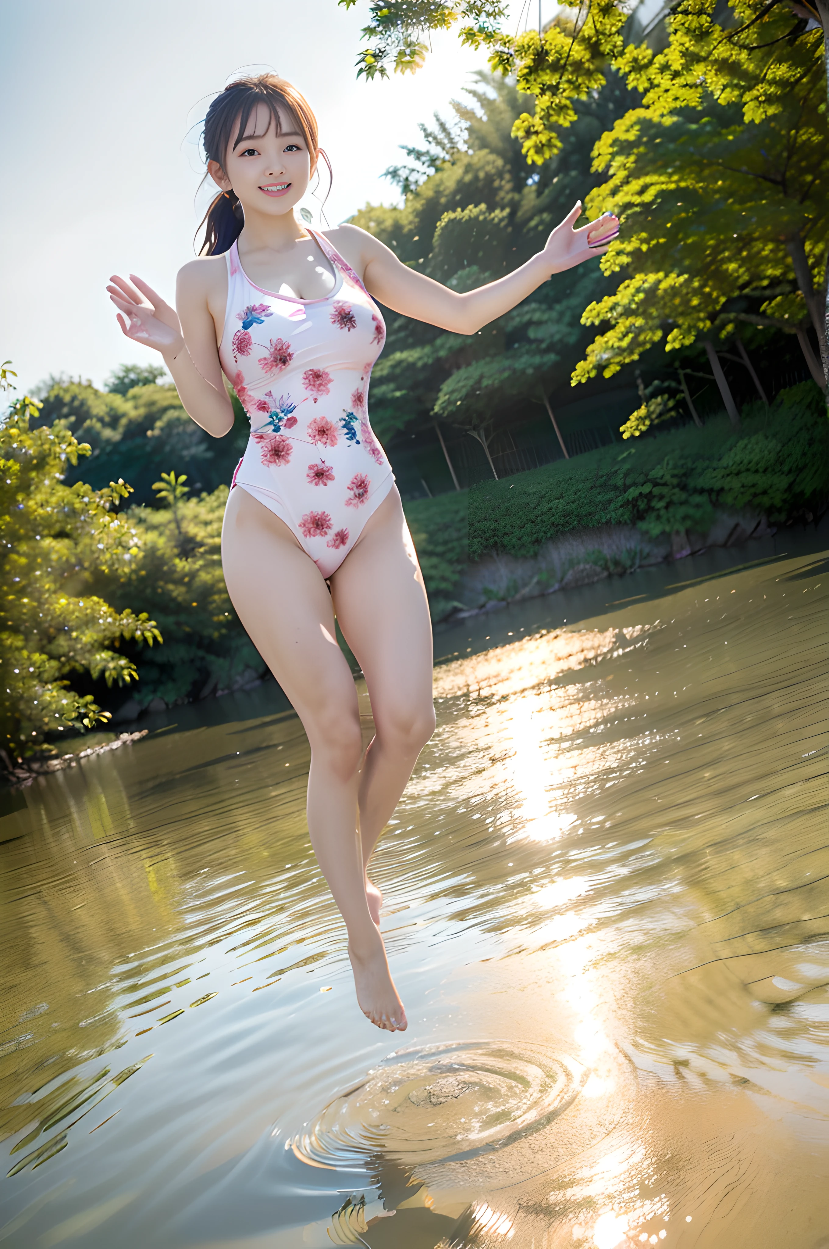 (((young slender Japanese girls jumping above water in bright sky))), ((natural front lighting)), frontlit, ultra sharp focus,ponytail hair, (((bright skin))), (((dynamic angle))),((waving arms)), (((huge breasts))), (full body shot:2), (((wearing floral pink white one-piece swimwear))), (((slim waistline)))