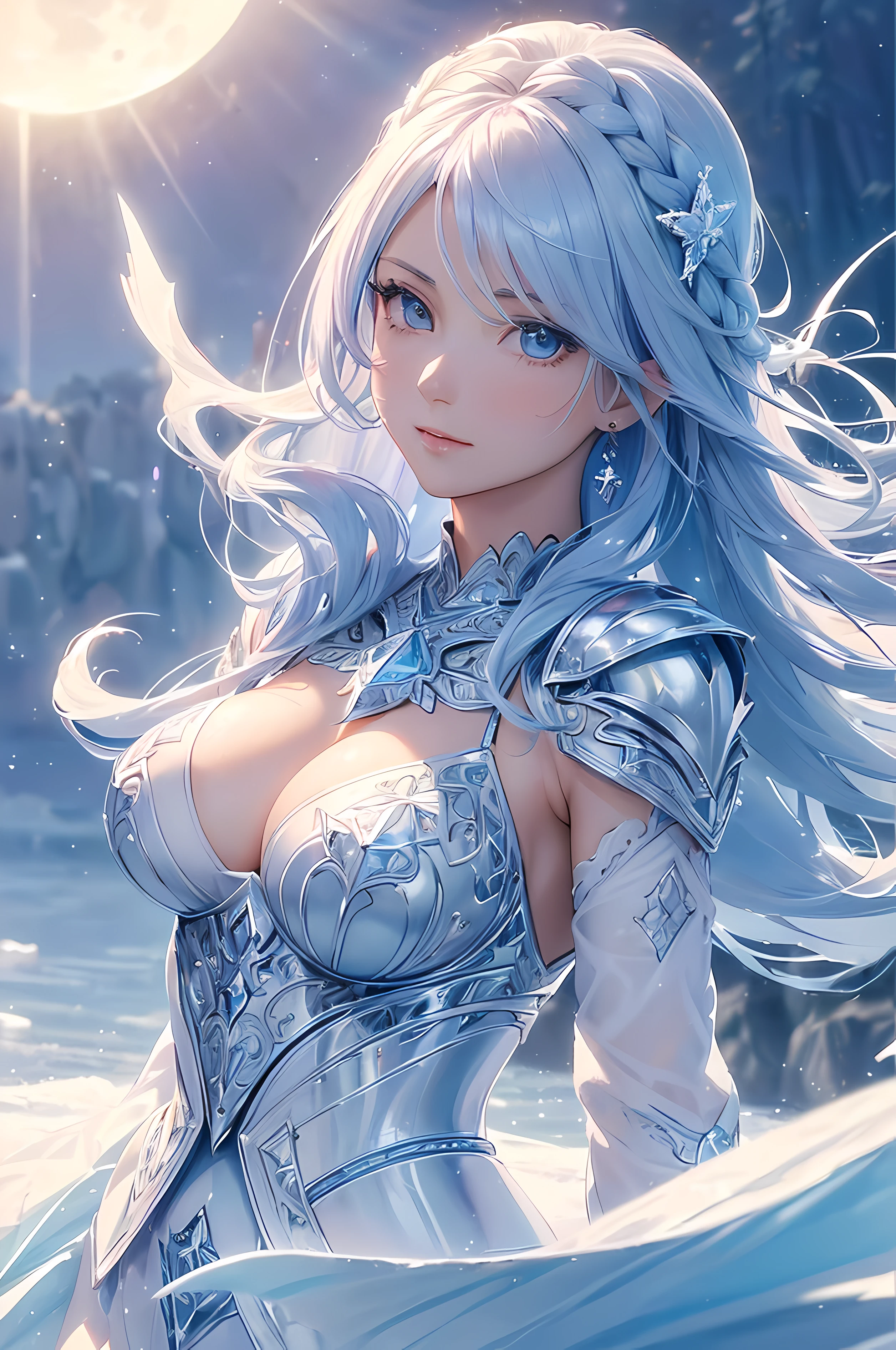 A beautiful woman, ((( ice knight, ice realm, ice control, ice crystal, armor and clothes and mantle made using ice,  ice floatings around, elegance under the sun, movement motion, image look alive))), ((perfect body figure, beautiful face, beautiful face, milf, age 46, royal, soft blue color hair, braid hair style, beautiful skin, Extremely details hair, fine details)), (((cinematic lighting, beautiful lighting effect, creative design, full body frame, divine aura, hard harmony , shining light, perfect color transition, perfect balance of contrast, perfect color layer, perfectly smooth color blur, soft rendering, smooth color stroke, moon glare, optic lens, moonlight ray, soft colors, smooth colors blend, perfect color rendering, harmony, perfect color harmony, beautiful color, soft harmony, light particles, perfect details, intricate details, color prism, fine details, refine details, intricate armor details, fine armor))), Tachibana Omina art style, affectionate eyes, half a smile, slightly open mouth, a gentle expression on his face, serene scenery of beach with water magic performance under the sun, ice crystal, ice crystals floatings around, breeze and sunlight in the background, butterflies in the sky, realism, ((Best quality))),8k,((Masterpiece)),(Extremely refined and beautiful)