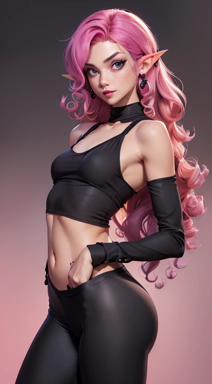 1girl, bare shoulders, ((((black cotton shirt)))), (((pink hair))), (((emerald color eyes))), cleavage, earrings, elf, flat,((((small chest)))), ((((flat chest)))), ((((big ass)))), ((((small breasts)))), ((((flat breasts)))), lips, lipstick, (((long curly hair))), looking at viewer, makeup, medium breasts, navel, pointy ears, red lips, solo, upper body, (((leggins)))