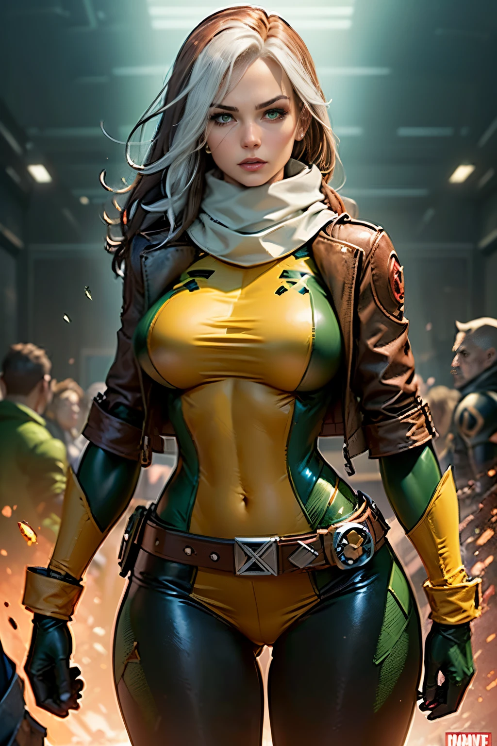 Masterpiece, hd, 8k, ultra detailed, photorealistic !(Rogue is a mutant superhero who has the power to absorb the memories, powers, and characteristics of anyone she touches. Her appearance and wardrobe have varied over the years, but some elements are constant. Rogue has brown hair with a white streak in the front, which is the result of permanently absorbing Ms. Marvel's powers¹. Her eyes are green and she usually wears discreet makeup. His most characteristic wardrobe is a green and yellow bodysuit with a brown leather jacket over it. The suit has a belt with an X and high boots. Rogue also wears gloves to prevent accidental contact with other people. Sometimes Rogue accessorizes her outfit with a scarf, cap, or sunglasses. Rogue has an athletic figure and average height. Their expression is usually confident and defiant, but can also show vulnerability and tenderness. Rogue is a southern belle who has become a leader of the X-Men)