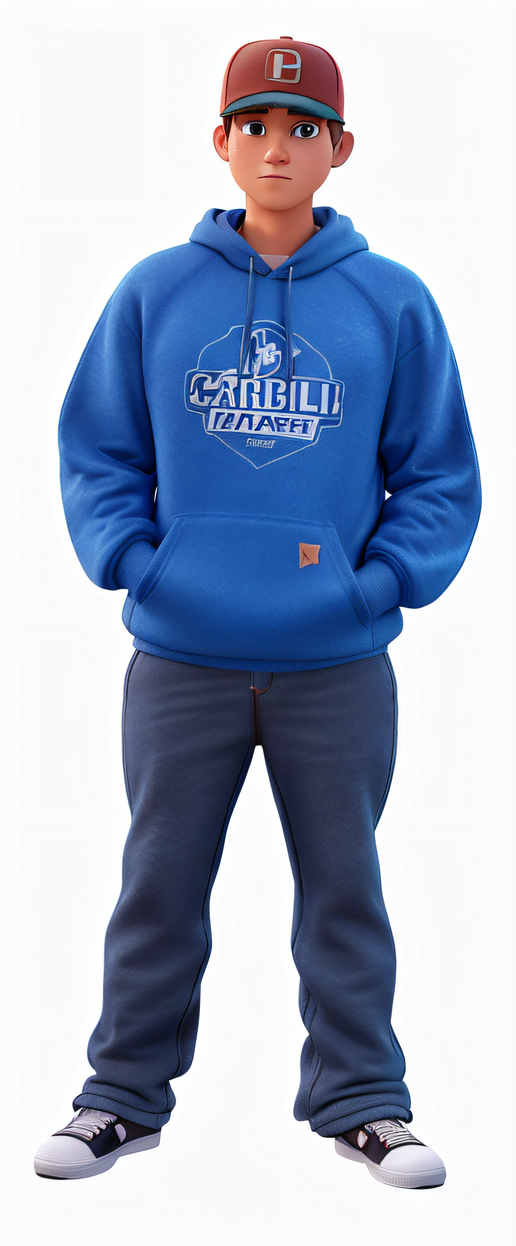 Make Pixar teenager, baseball cap, dark blond hair, Carhartt Since 1889 hoodie