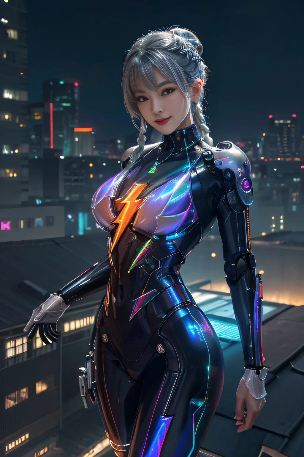 Cyber City at Night,(Gorgeous night view illumination:1.3),(Stand on the roof of a building:1.3)The actress is a very beautiful Western adult woman.....(Sexy super shiny orange transparent holographic mechanical cyberpunk suit:1.3) ,(Mechanical suit that lights up with brightly colored LEDs:1.3),Surrounded by a network of wires. Surrounded by a web of circuits.Sexy face, a necklace,piercings, Happy smile.sexypose, (Silver hair、Ponytail twisted buns adorned with elaborate braids and beads,Braided Setup Fishbone Hair,),(Bangs are see-through bangs),(hair pin、poneyTail、Floating hair、),breast slip,(Emphasis on large breasts:1.3),profetional lighting,Cinematic Light,(masutepiece,top-quality,Ultra-high resolution output image,) ,(The 8k quality,),(Sea Art 2 Mode:1.3),,(Image Mode Ultra HD,)