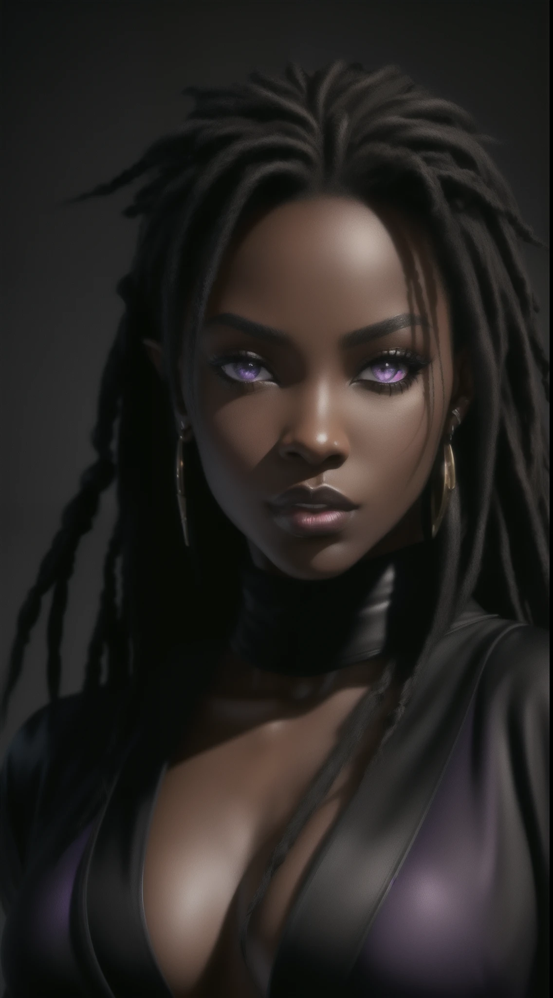 (Concept Art) of an (African-American) female, with dark (black dreadlocks), purple eyes, dark (brown skin), (pointed ears), (slutty assassin), sexy black robe, (lust) demon, (medium shot), perfect composition, hyper-detailed, 8K, high quality, (perfect eyes), trending art, sharp focus, studio photo, intricate details, (Pin-up) pose