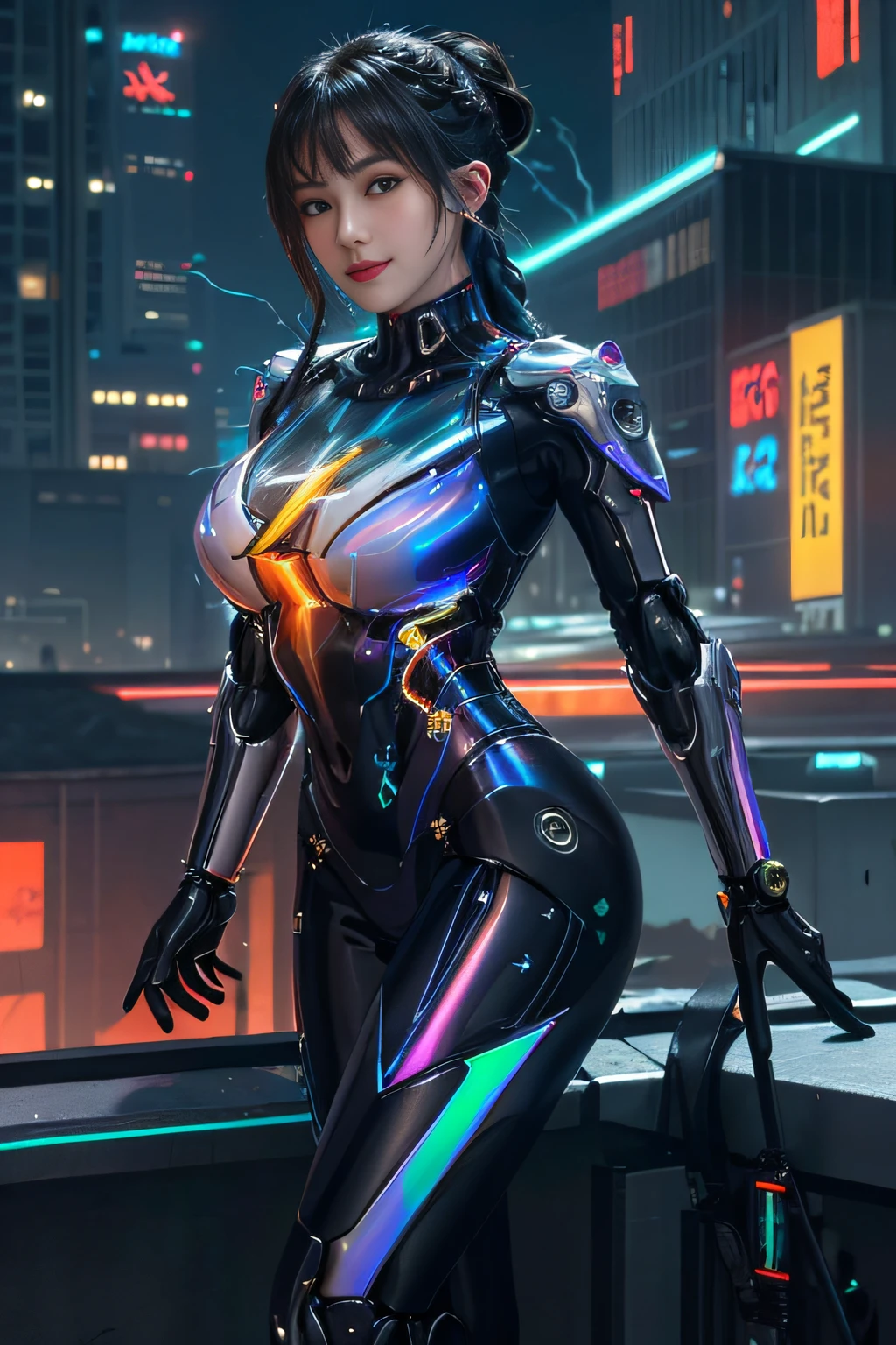 Cyber City at Night,(Gorgeous night view illumination:1.3),(Stand on the roof of a building:1.3)The actress is a very beautiful Western adult woman..(Sexy super shiny orange transparent holographic mechanical cyberpunk suit:1.3) ,(Mechanical suit that sparkles with colorful lightning:1.3),Sexy face, a necklace,piercings, Happy smile.Sexy Pose, (Silver hair、Ponytail twisted buns adorned with elaborate braids and beads,Braided Setup Fishbone Hair,),(Bangs are see-through bangs),(hair pin、poneyTail、Floating hair、),breast slip,(Emphasis on large breasts:1.3),profetional lighting,Cinematic Light,(masutepiece,top-quality,Ultra-high resolution output image,) ,(The 8k quality,),(Sea Art 2 Mode:1.3),,(Image Mode Ultra HD,)