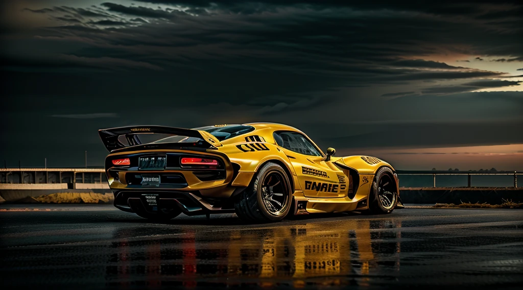 ((Dodge Viper GTS-R)), solo, ((JonSibal design works Body Kit)), ((rear wing spoiler)), blacked out, front bumper splitters, side skirts, flared wheel arches, ((ominous looking)), (yellow racing alloy rims), ((lowered racing suspension)), high performance racing tyres, outdoors((gloomy sunset)) Wide angle lens, cgsociety, artstation, cgi, photorealistic, cinematic lighting, offset noise, ground shadows and reflections, 4k, inspired by dystopian cyberpunk, HDR studio light, {{supreme aerodynamics for maximum downforce}}, 3ds max, corona renderer, perfectly coloured, jaw dropping, sensational, menacing look, headlights on, ((parked on a bridge)), 4k wallpaper, ((dusk scene)), sunset, high spec automotive concept art, reflective ground shadows, symmetrical design, CGI, moody and atmospheric, trending on artstation, behance contest winner, cgsociety, imaginative design and craftmanship, urban light night LUT, subsurface scattering, ray tracing, dramatic atmosphere
