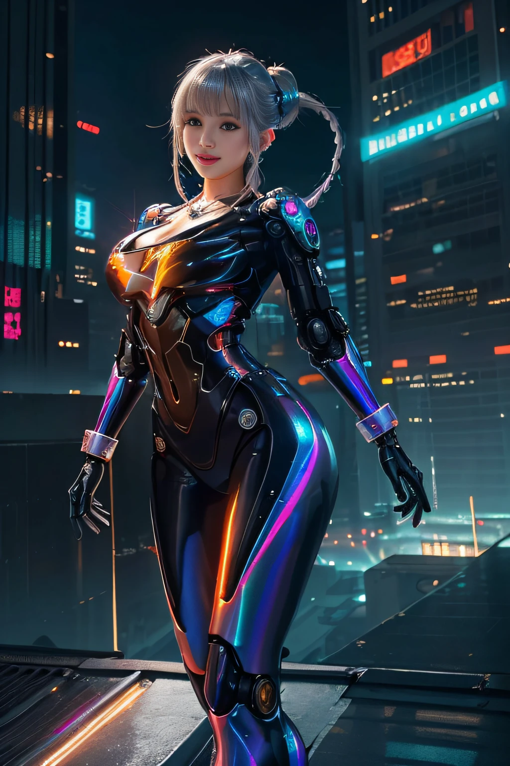 Anime-style image of Bulma with a curvaceous figure, boasting large breasts and an ample derriere. Her outfit is vibrant and colorful, fitting snugly to her body. Her design is detailed and intricate, a perfect blend of human and cybernetic elements. The background is a bustling cityscape with neon lights illuminating the night sky. The image is rendered in 8k resolution, with a cinematic illumination that enhances the sleek and glossy appearance of Bulma's cybernetic enhancements.

The sounds of the city filter through, a mix of humming machinery and chatter from the crowd. The scent of the city's unique