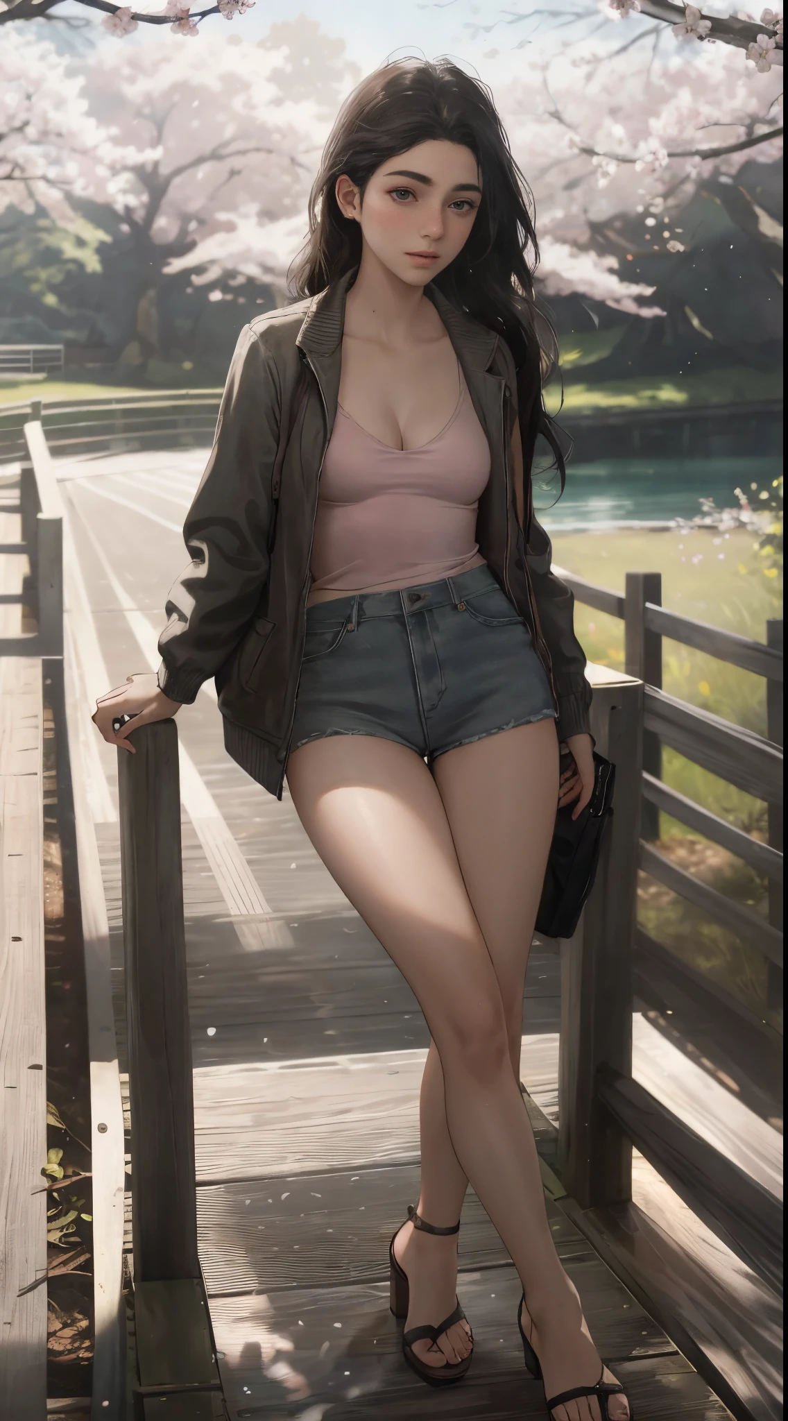 16 year old pre-teen, Finnish, blonde, long hair, small breasts, big eyes, long legs, close-up on thighs, gray jacket, cleavage breasts, pink panties, heeled sandals, park background, crossing a wooden bridge in the lake, trees, cherry blossom, sunrise, light through fabric, (realistic, photorealistic: 1.37), specular light, ray tracing, HDR