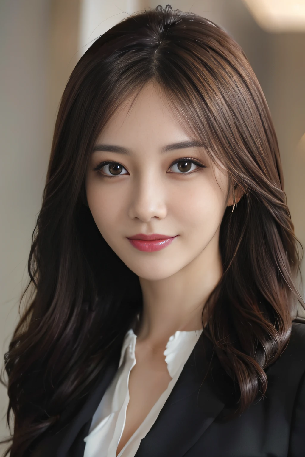 masutepiece, Best Quality, Photorealistic, Ultra-detailed, finely detail, High resolution, 8K Wallpaper, 1 beautiful woman,, light brown messy hair, in a business suit, foco nítido, Perfect dynamic composition, Beautiful detailed eyes, detailed hairs, Detailed realistic skin texture, Smiling, Close-up portrait, Model body type