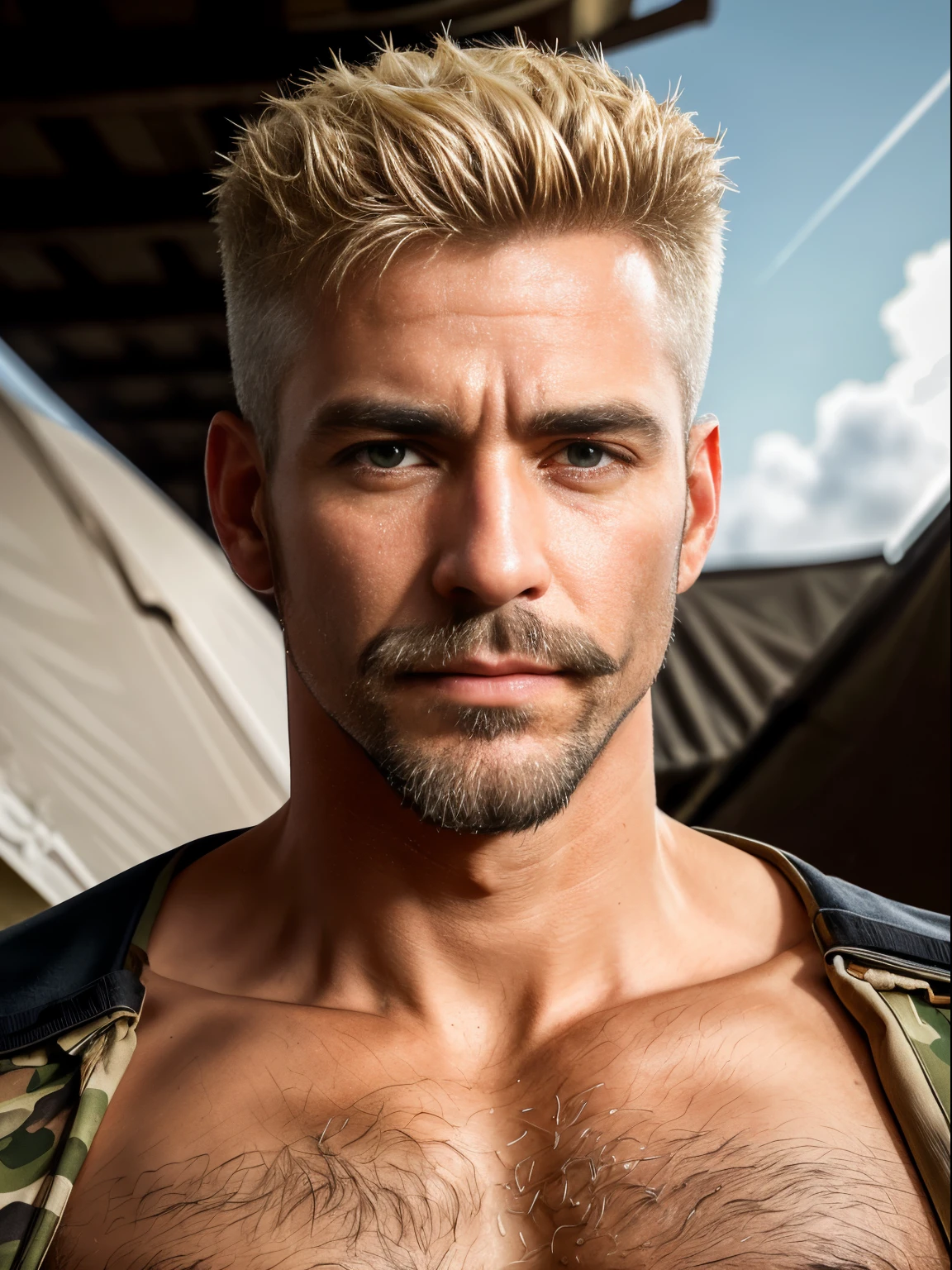 masterpiece, best quality, high resolution, closeup portrait, male focus, solo focus, A man, 40 years old, with military clothes, soldier, blonde bleached hair, messy hairstyle, cute and seductive face, bare chest, body hair, facial hair, roman nose, very skinny body, hairy legs, dimples, goatee and mustache, bold jawline , in the background a millitary camp and other soldiers,  view from below, amazing composition, front view, HDR, ultra quality, elegant, highly detailed