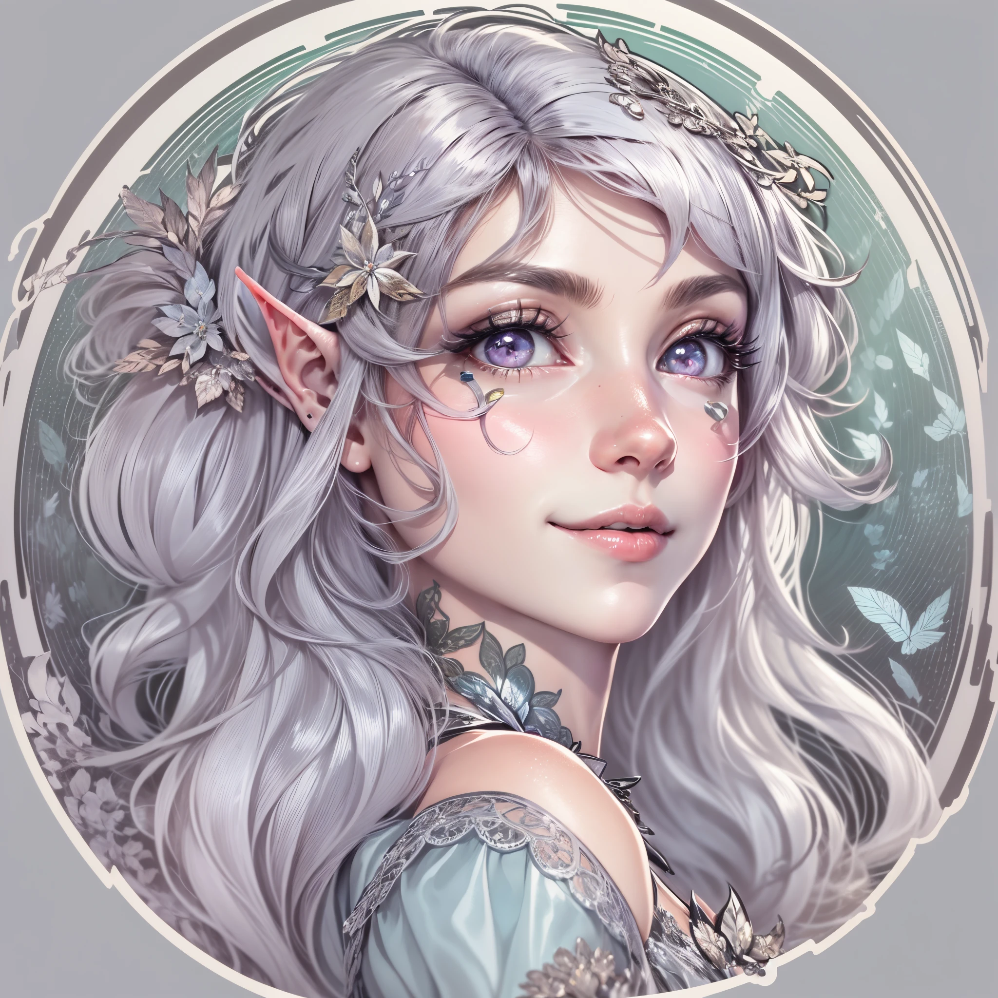 (Sticker),whitebackground,((in a circle)), The woman, round face, rose hair, hairlong, elven hairstyle, lilac eyes, ruddy, Tanned, A lot of hair, (Elf with pointy ears), calm face, endearing smile, Magic, (whitedress:1.3). white and blue outline, Fantasy, Ultra Detailed, Detailed drawing, Vectorized, 8K, Professional sticker design, Flat design, Vector lines, Sticker, Full-HD.