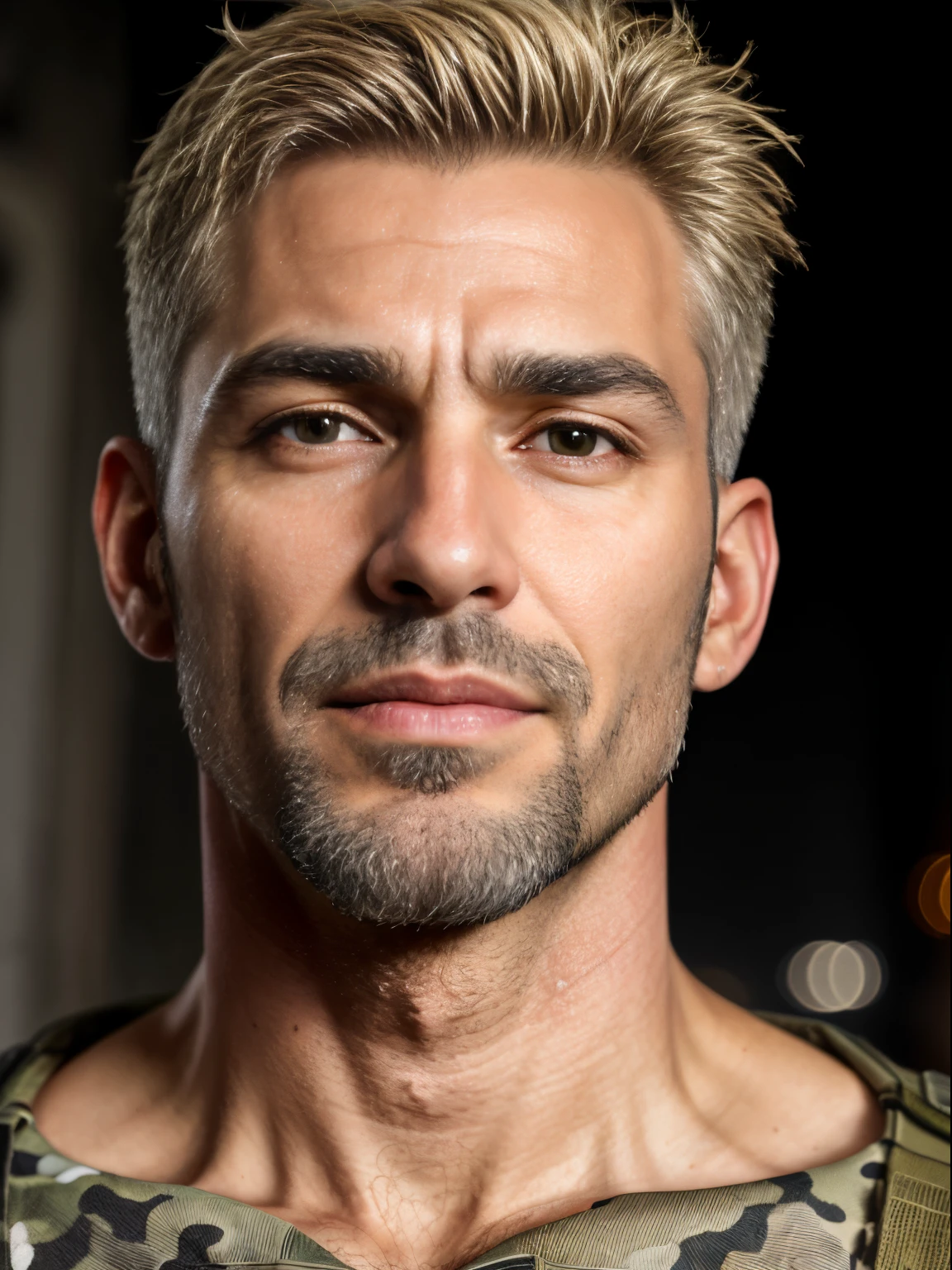 masterpiece, best quality, high resolution, closeup portrait, male focus, solo focus, A man, 50 years old, with military clothes, soldier, blonde bleached hair, messy hairstyle, cute and seductive face, bare chest, body hair, facial hair, roman nose, very skinny body, hairy legs, dimples, beard, bold jawline , in the background a millitary camp and other soldiers, view from below, amazing composition, front view, HDR, ultra quality, elegant, highly detailed