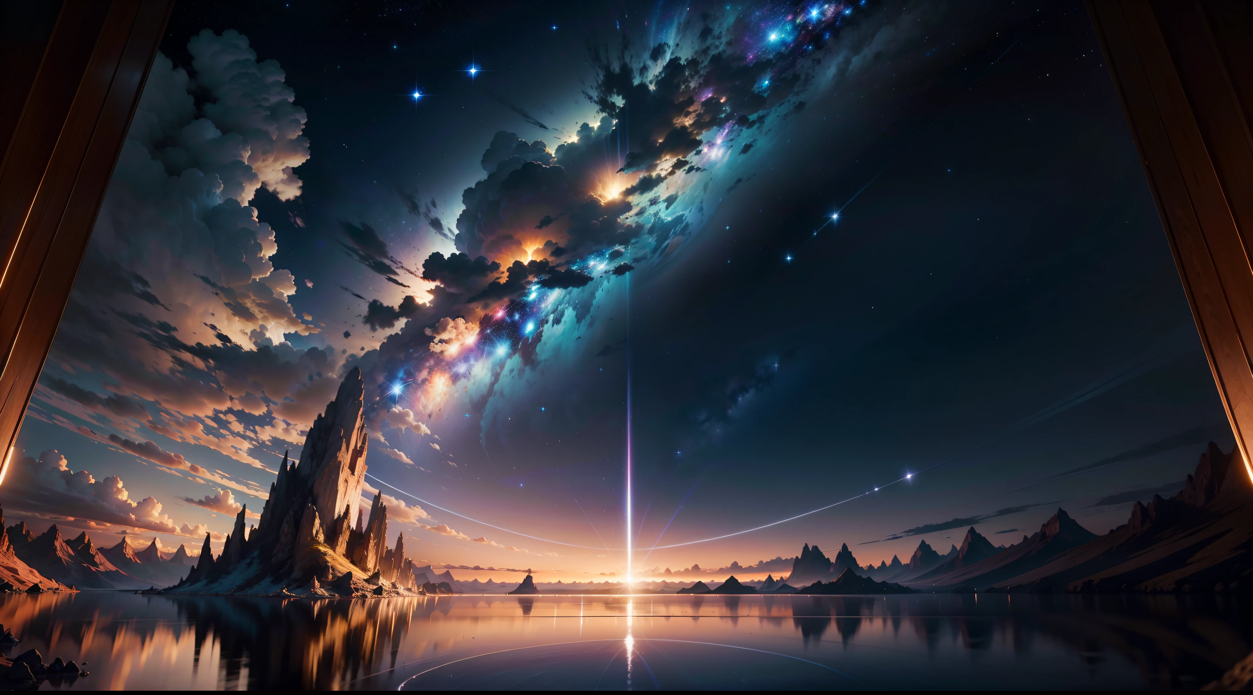 Create an image depicting a stunning, surreal planet. Planet Nesse, The sky is decorated with countless stars, Create stunning landscapes，Reminiscent of the wonders of the universe.

The image strives to achieve the status of a masterpiece, Eparaiso, o realism development center o foco center. Cada detalhe deve ser minuciosamente trabalhado, from lighting and detailed shadows that give scenes depth, Even carefully rendered reflections that enrich the composition.

Serving Life and Rika as Core Development, destacando a beleza surreal do Planeta. A faint glow must be applied to evoke a feeling of magic and glamor. The sky should be decorated with magnificent clouds，Add life to your scene.

The performance of the stars in the sky is crucial to creating the spectacular scenery required. Meticulously rendered CADA AST development, Contribute to celestial images. The symmetry and depth of the composition must be explored，To create charming visual effects.

Advanced rendering techniques are recommended to achieve impressive realism. Development of texture details and enhancement of image elements