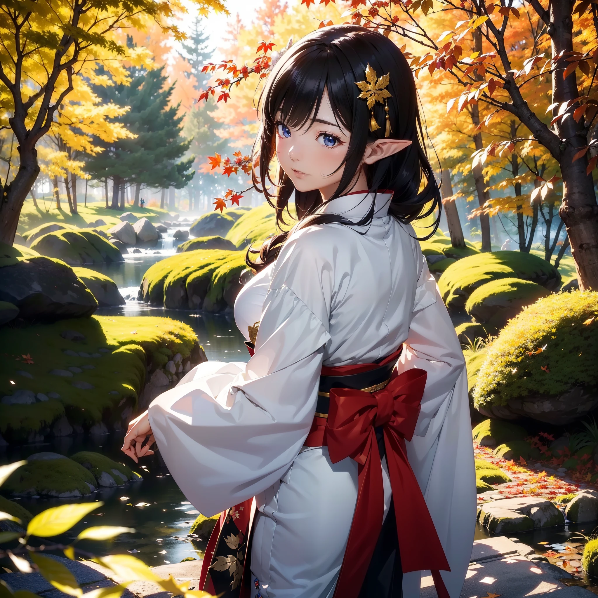 (Super exquisite CG Unity 8K wallpaper), (tmasterpiece), (Best quality at best), (actual), geisha, komono, dances, the elf, pointy ears, ((Best quality at best)), (超詳細)), (((photore)), Japanese forest in autumn