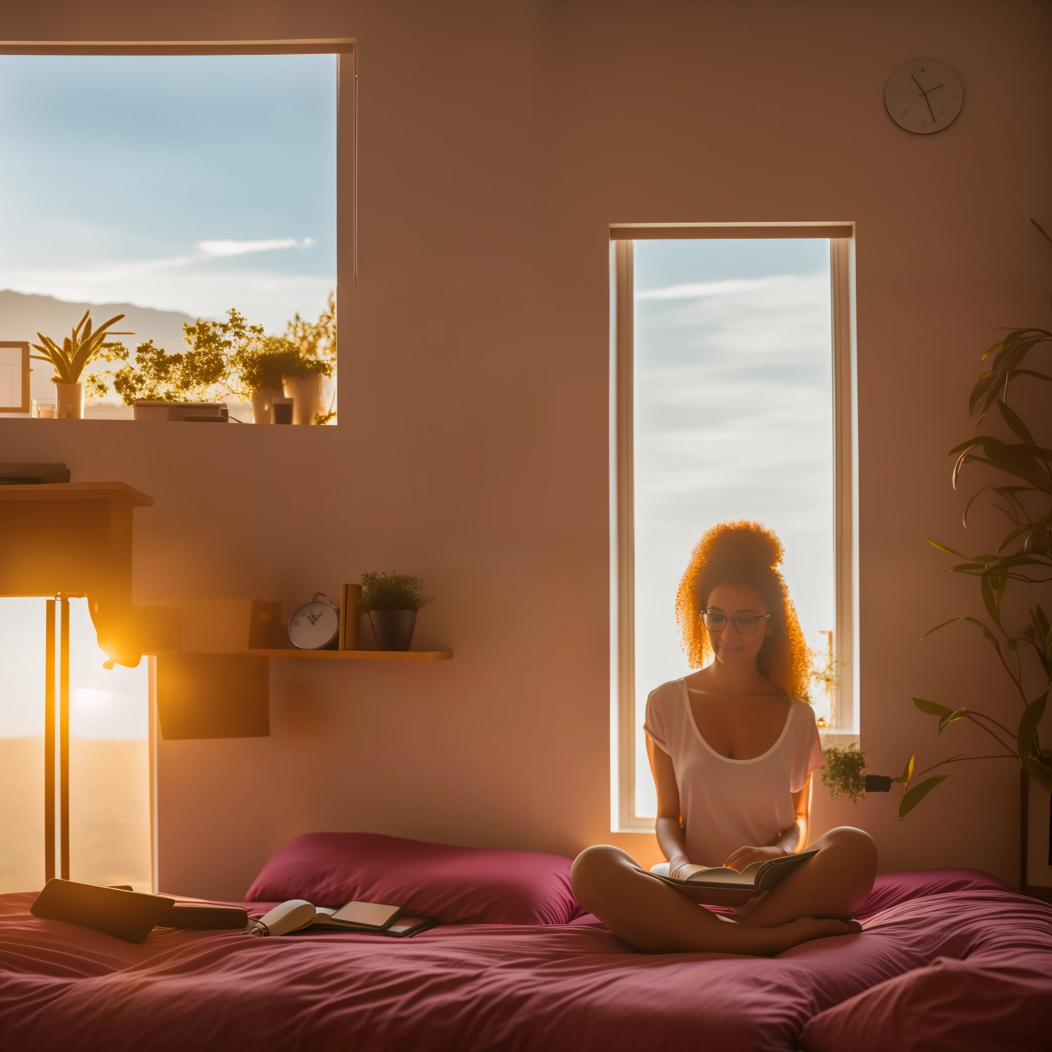 a woman in the bedroom studying with headphones and glasses, janela com vista para a natureza, Birds flying, brazi, Inspirado no Synthwav,