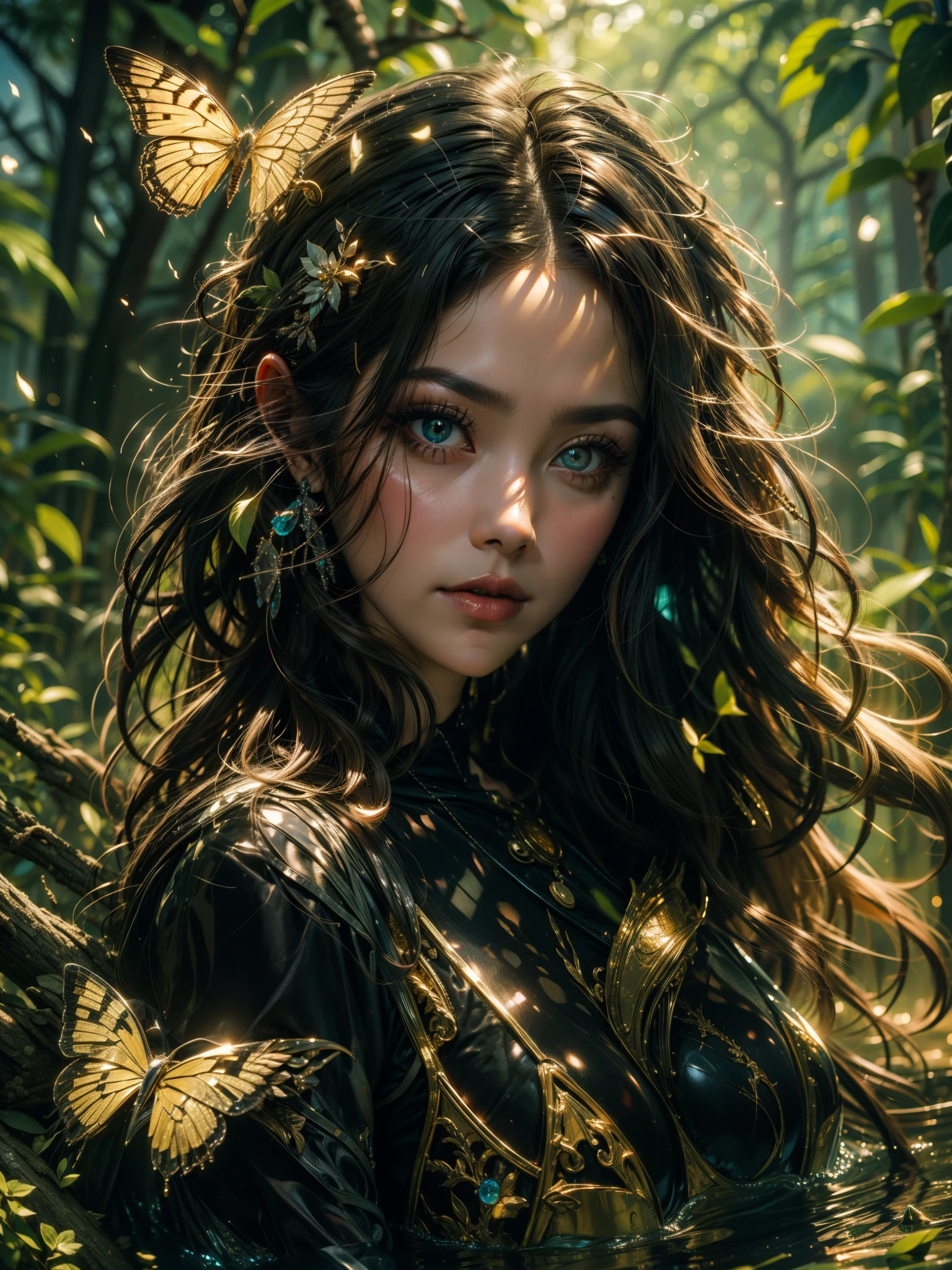 Close no rostos de uma garota de cabelo preto e cacheado, pele palida, rosy lips, olhos amarelos, garota bonita, rosto bem detalhado, olhos bem detalhados, borboletas verdes,borboletas brilhantes, orelhas elficas, olhos amarelos, orelhas elficas, garota elfa