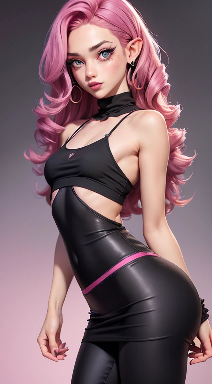 1girl, bare shoulders, ((((black cotton dress)))), (((pink hair))), (((emerald color eyes))), cleavage, earrings, elf, flat,((((small chest)))), ((((flat chest)))), ((((big ass)))), ((((small breasts)))), ((((flat breasts)))), lips, lipstick, (((long curly hair))), looking at viewer, makeup, medium breasts, navel, pointy ears, red lips, solo, upper body, (((leggins)))