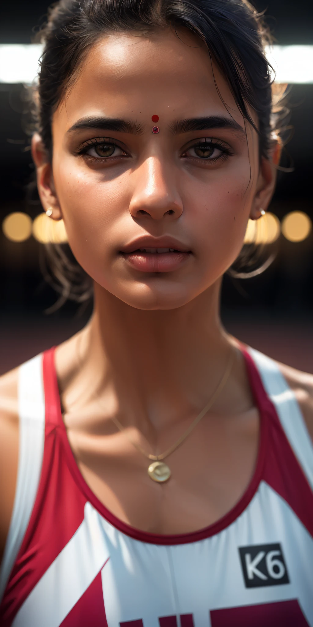 beautiful mature Indian college girl, in track outfit, outside on track field, ((slim, petite)), photorealistic, photo, masterpiece, realistic, realism, photorealism, high contrast, photorealistic digital art trending on Artstation 8k HD high definition detailed realistic, detailed, skin texture, hyper detailed, realistic skin texture, armature, best quality, ultra high res, (photorealistic:1.4),, high resolution, detailed, raw photo, sharp re, by lee jeffries nikon d850 film stock photograph 4 kodak portra 400 camera f1.6 lens rich colors hyper realistic lifelike texture dramatic lighting unrealengine trending on artstation cinestill 800,