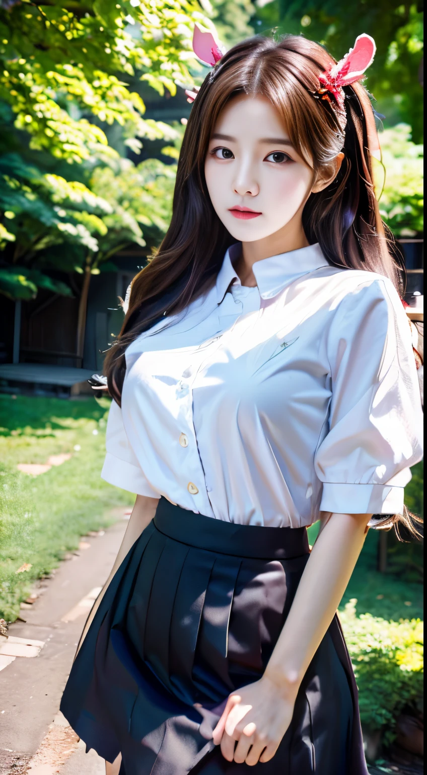 Realistic photo of (1 cute Korean star) ahoge, 32 inch bust size, white shirt, black skirt, standing under the tree, close-up, Nikon, UHD