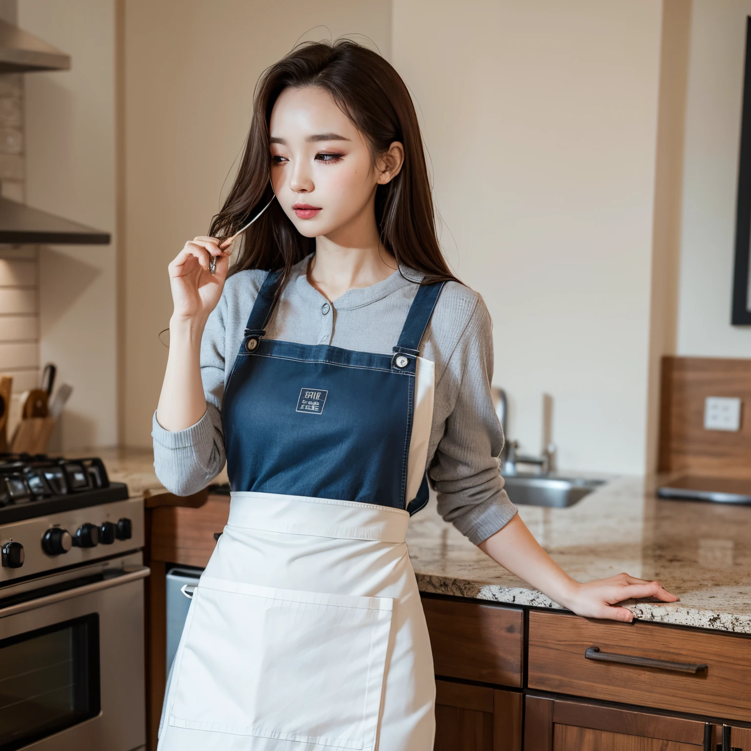 from side, super high quality, 8k, RAW photo, realistic, messy medium hair, forehead, hair over one eye, beautiful woman, full makeup, annoying slender, perfect proportion, wearing only apron