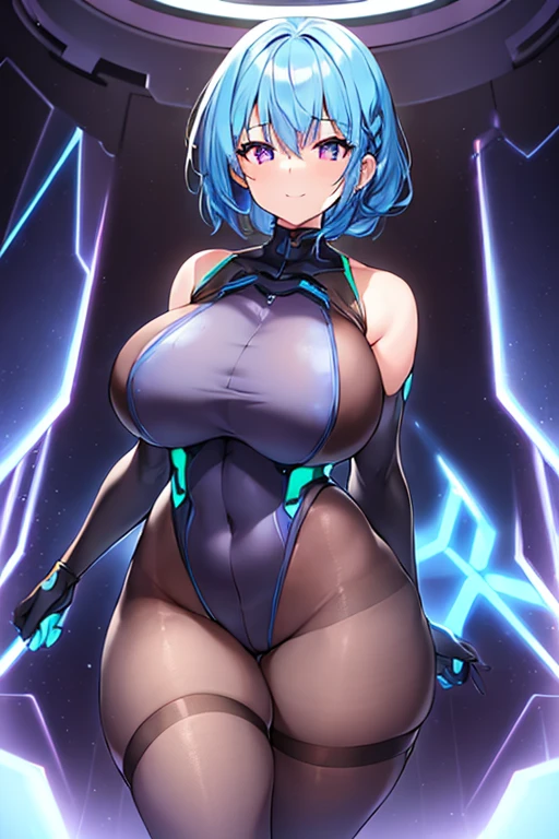 1girl, wide hips, thick thighs, breasts, large breasts, futuristic, tech, science-fiction, machinery, blue hair, very short hair, purple eyes, light smile, smile, bodysuit, black bodysuit, neon trim, pantyhose, black pantyhose, thighhighs, blue neon trim, (side braid), side braid, single braid, braid, (braid)