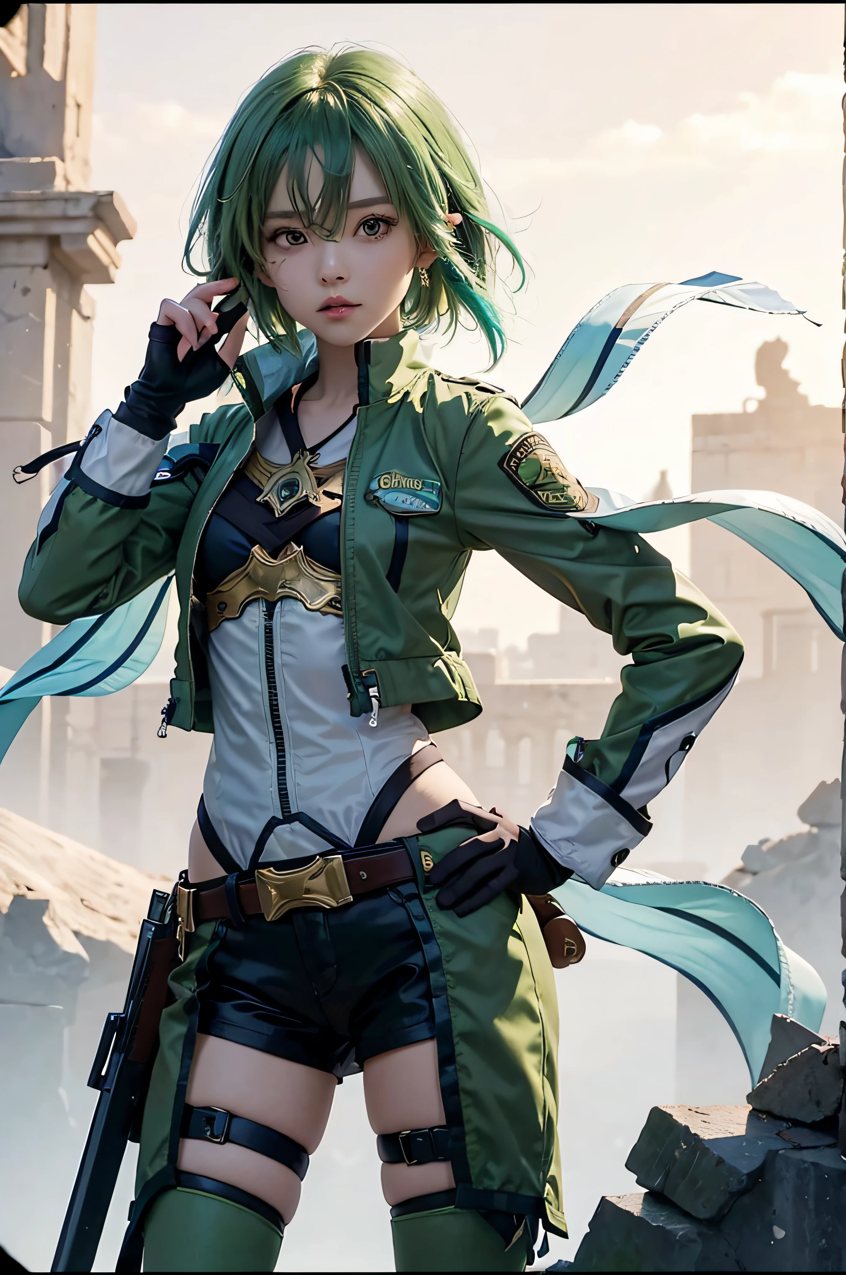 master part, best quality, Altas, 1girl, sinon1, echarpe, luvas sem dedos, mangas compridas, short shorts, ornamento de cabelo, grampo de cabelo, coxas verdes, green jacket, thigh strap, cowboy shot, segurando arma, ruins,