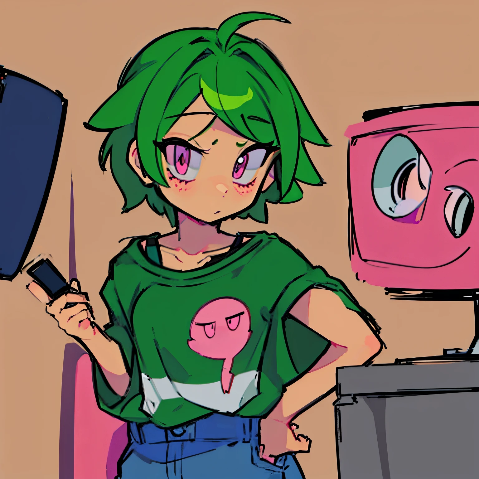 Female anime short green hair pink eyes looking to the right with surprised face