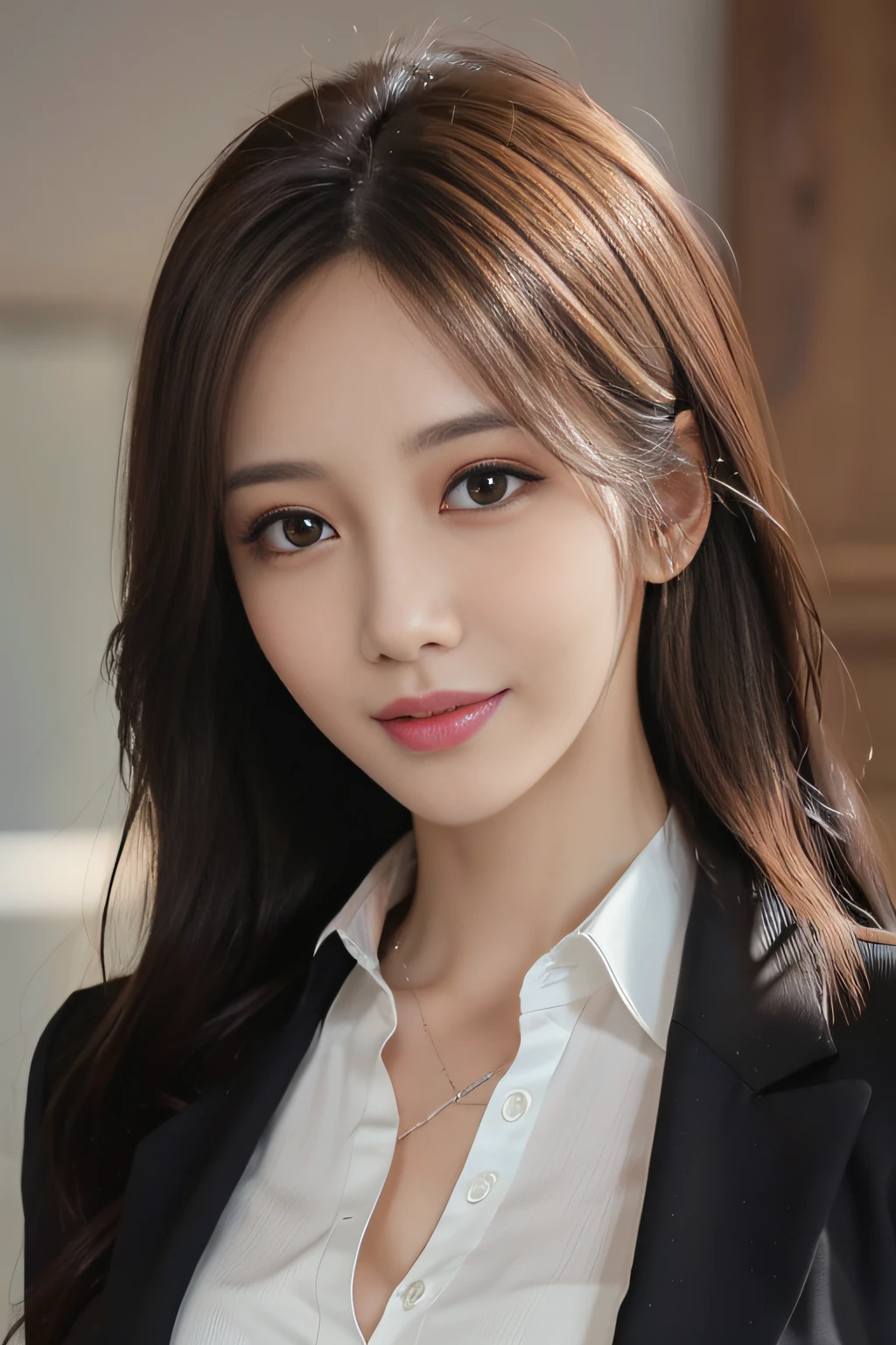 masutepiece, Best Quality, Photorealistic, Ultra-detailed, finely detail, High resolution, 8K Wallpaper, 1 beautiful woman,, light brown messy hair, in a business suit, foco nítido, Perfect dynamic composition, Beautiful detailed eyes, detailed hairs, Detailed realistic skin texture, Smiling, Close-up portrait, Model body type