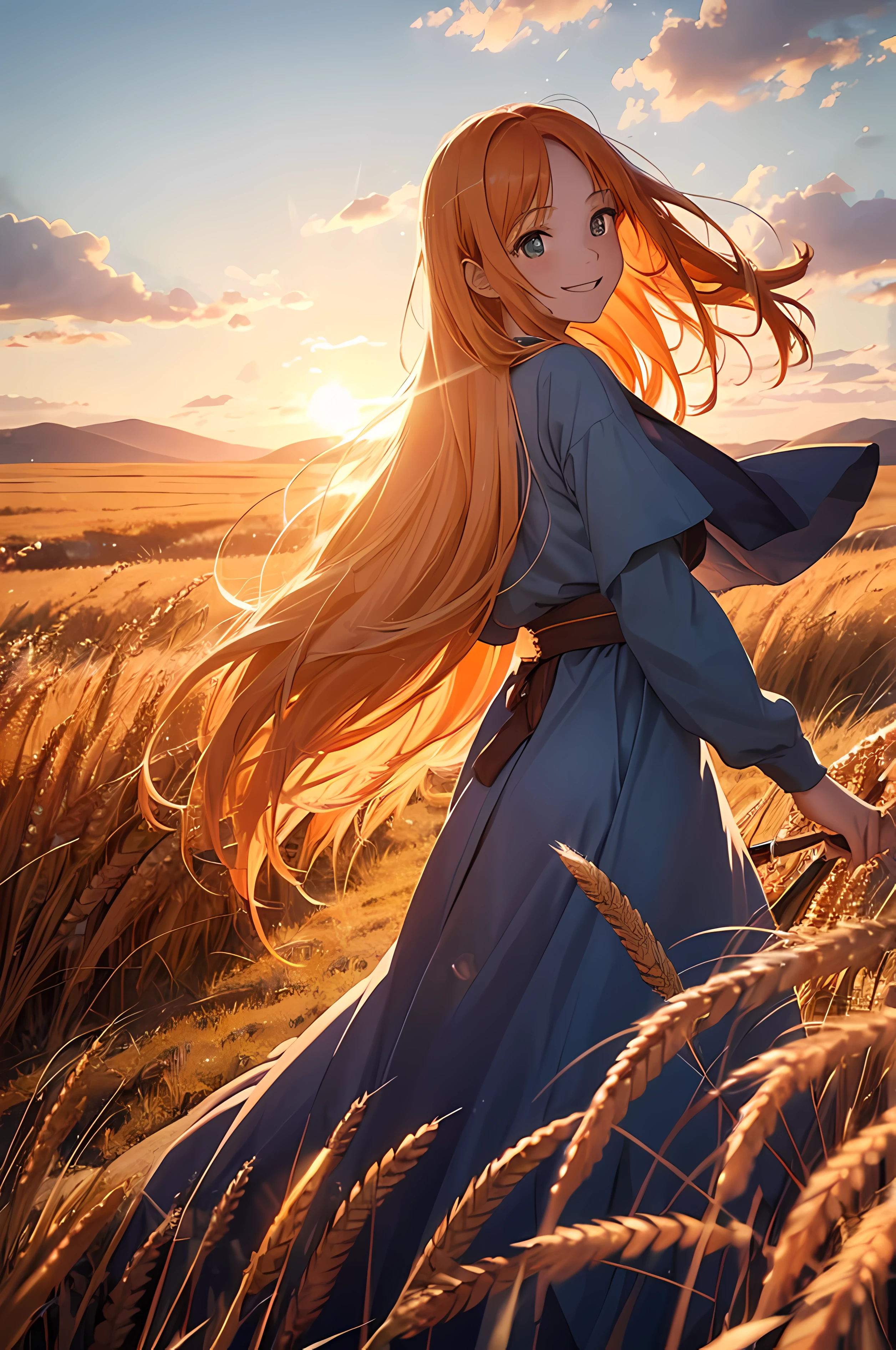 1 girl, solo, long orange hair, running, (high wheat field), turning around, emerald eyes, long blue dress, middle ages, medieval outfit, long sleeves sunset, light from behind, shadow on the figure, smile, laughter, (blue sky), against the background of wheat, standing in the distance, looking at the viewer, full-length