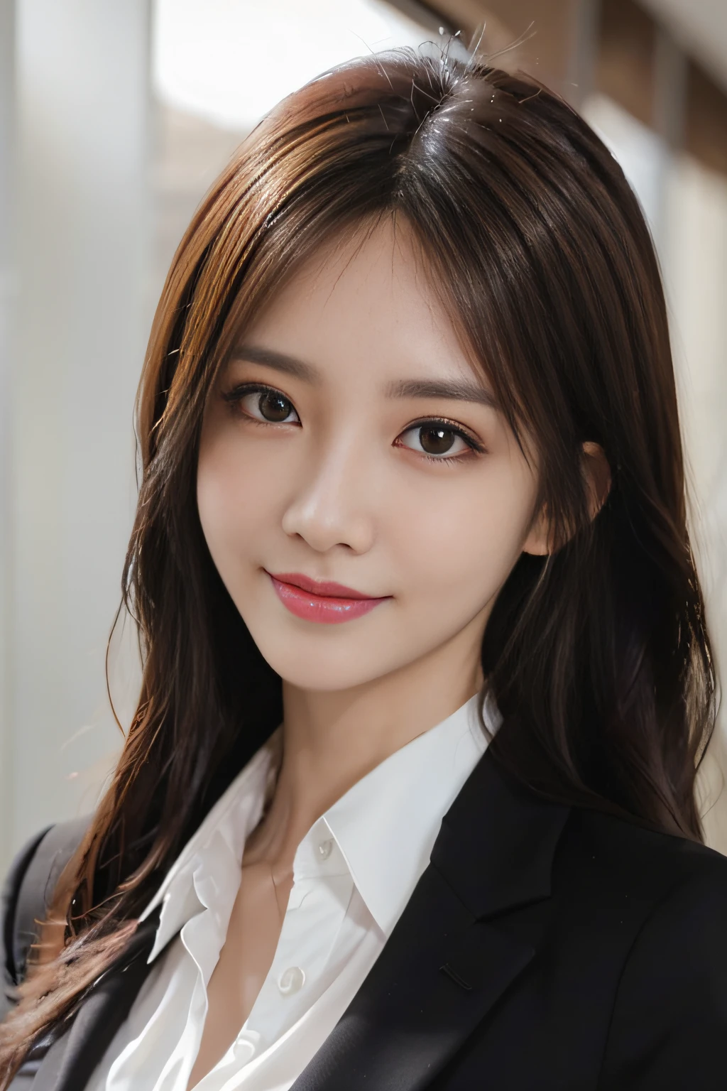 masutepiece, Best Quality, Photorealistic, Ultra-detailed, finely detail, High resolution, 8K Wallpaper, 1 beautiful woman,, light brown messy hair, in a business suit, foco nítido, Perfect dynamic composition, Beautiful detailed eyes, detailed hairs, Detailed realistic skin texture, Smiling, Close-up portrait, Model body type