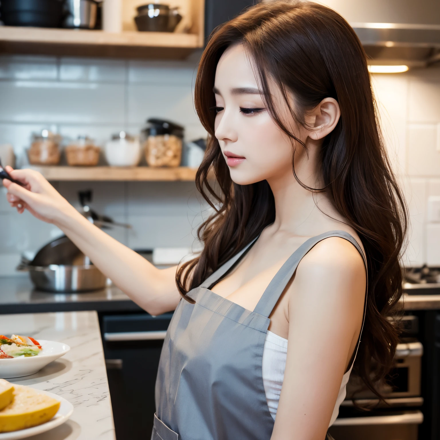 from side, super high quality, 8k, RAW photo, realistic, messy medium hair, forehead, hair over one eye, beautiful woman, full makeup, annoying slender, perfect proportion, wearing only apron