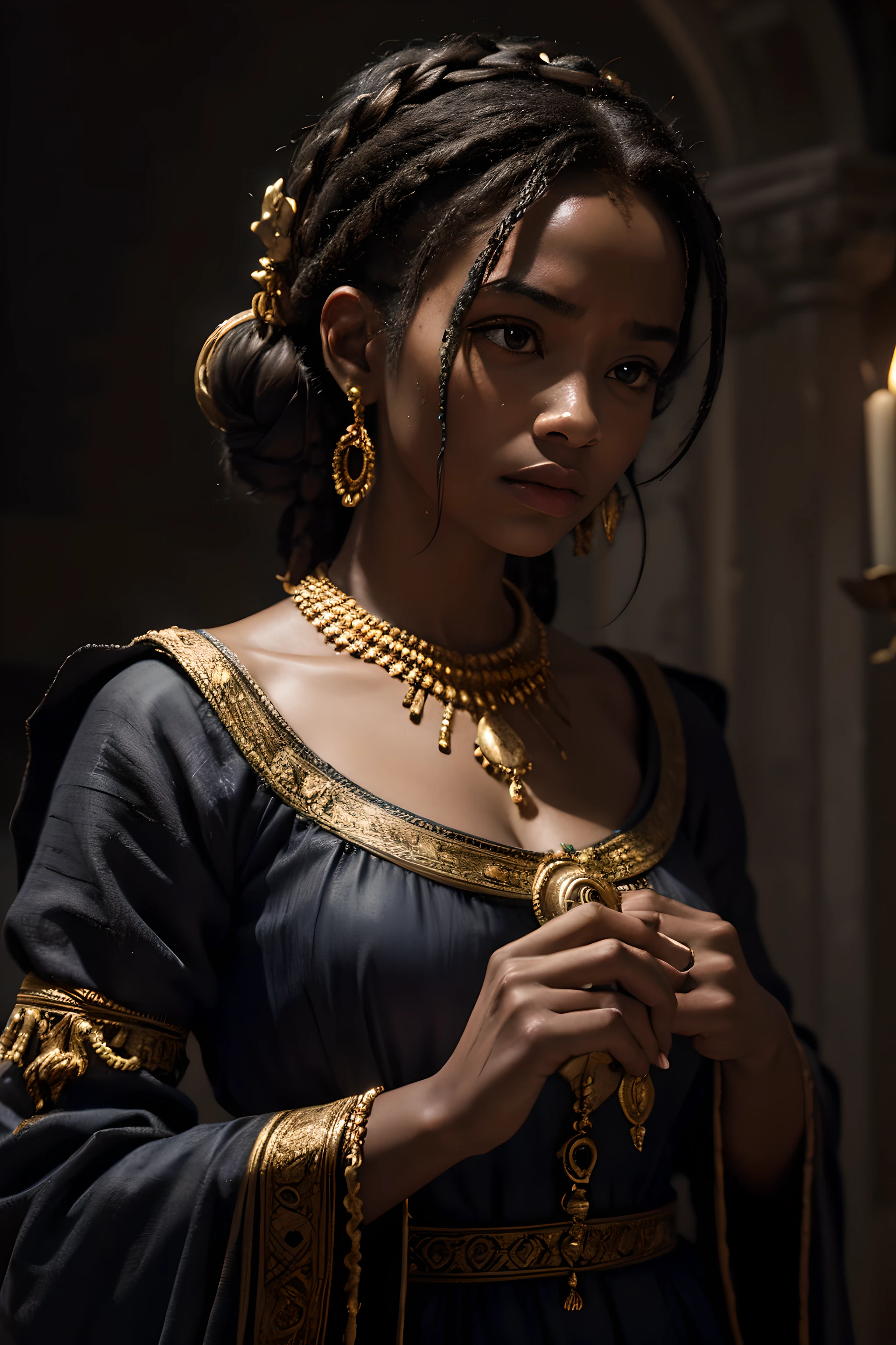 A slave, vivid colors, realistic, detailed facial features, emotional expression, flowing fabric, dimly lit, dark background, textured skin, historical painting, dramatic composition, intense eyes, somber mood, masterful brushwork, powerful storytelling, dynamic pose, aged shackles, evocative lighting, ornate dress, harsh shadows, intimate close-up, subjugation, resilience, symbolic elements, stunning depiction, narrative weight