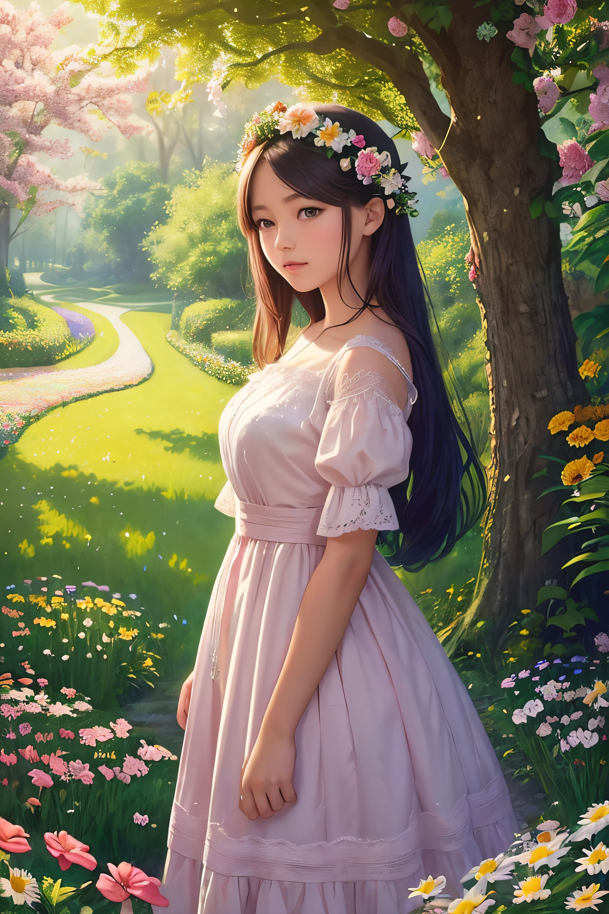 girl with a vibrant and colorful dress, flowers in her hair, standing confidently in the middle of a lush garden, surrounded by blooming roses and daisies. The garden is filled with vibrant greenery, tall trees casting soft shadows on the ground. The girl's eyes are bright and captivating, with long and thick eyelashes. Her lips are painted with a bold red color, giving her a sense of mystery. The overall scene has a dream-like quality, with the colors being saturated and the details being extremely detailed. The painting style is a combination of impressionism and realism, creating a unique and captivating visual experience. The colors are rich and vibrant, with a warm tone dominating the scene. The lighting is soft and diffused, creating a gentle and warm atmosphere. The image quality is of the best quality, with sharp details and vivid colors, allowing viewers to appreciate the fine brushwork and intricate details of the artwork. The final result is a masterpiece that captures the beauty and essence of the girl in the garden.