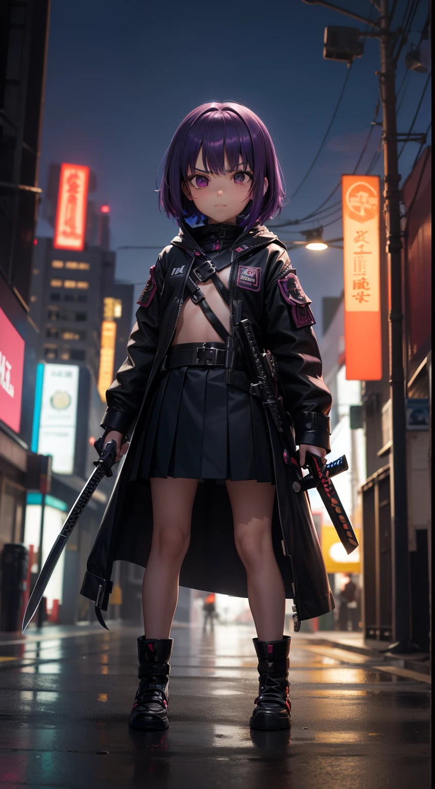 Loli girl , body, short purple hair , face menacing mask , hero stily costume , seios planos , Skirt chadres , colete aprova de balas , cinto-de-utilidades , botas militares , cyberpunk stily , Katanas , armas equipadas . Antihero night city