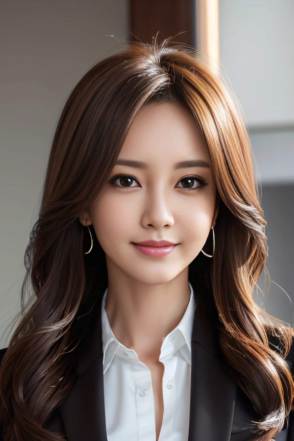 masutepiece, Best Quality, Photorealistic, Ultra-detailed, finely detail, High resolution, 8K Wallpaper, 1 beautiful woman,, light brown messy hair, in a business suit, foco nítido, Perfect dynamic composition, Beautiful detailed eyes, detailed hairs, Detailed realistic skin texture, Smiling, Close-up portrait, Model body type