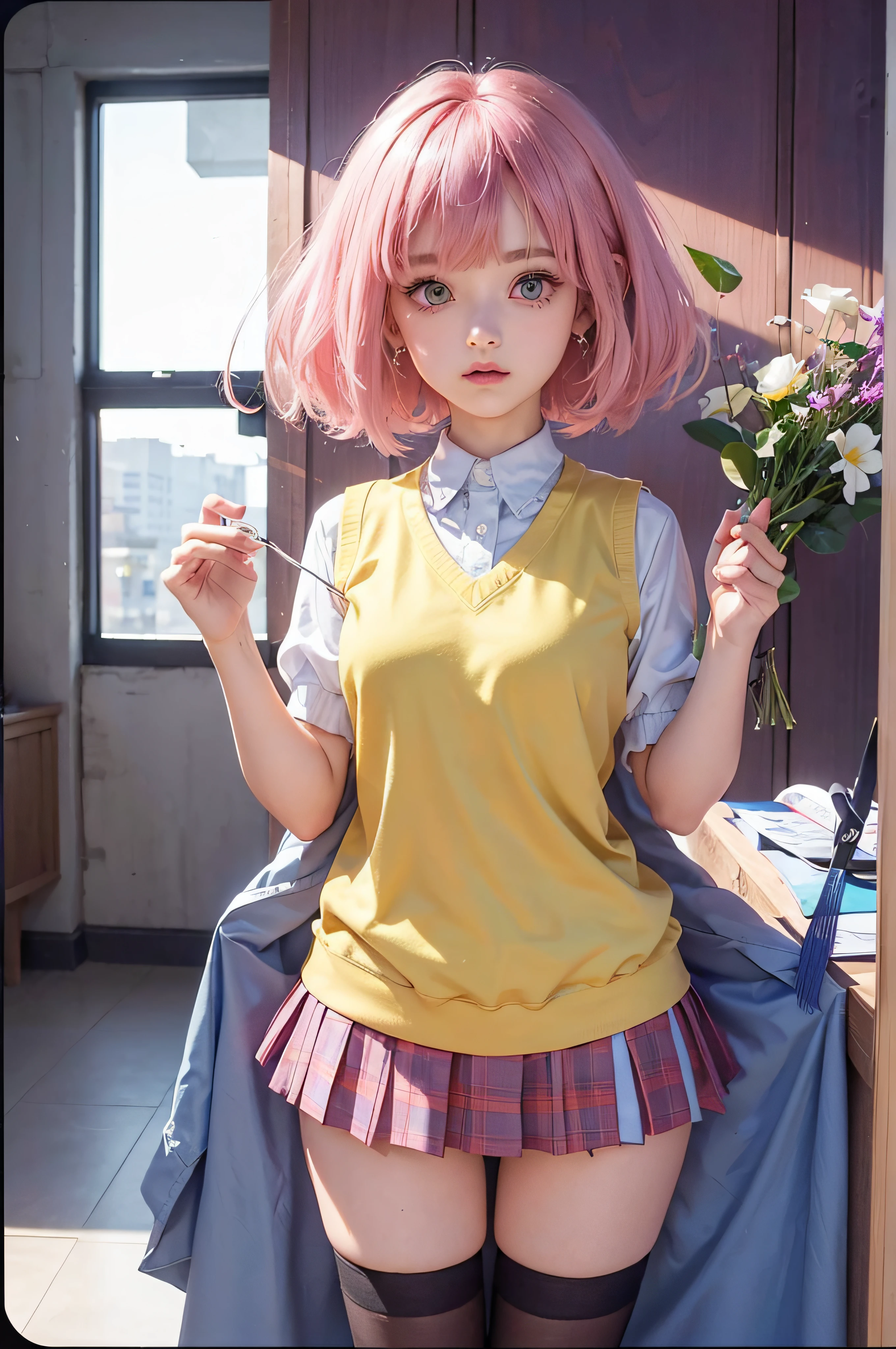 Momo Velia Deviluke, ph momo |, Momohd, Phmomo, sozinho, 1girl, cabelo rosa, Purple eyes, short hair, Flor do cabelo, pullover, Uniforme escolar,(camisola amarela:1.2), olhos grandes, Saia xadrez, coxas pretas,
(master part:1.2, best quality), (belos olhos finamente detalhados: 1.2), (Rosto bonito e detalhado), (pelos afiados do rosto entre os olhos, sala de aula,
(detalhe calcinha branca, camelo), 12 anos, Escova, calcinha transparente, ass up wait feet, ,